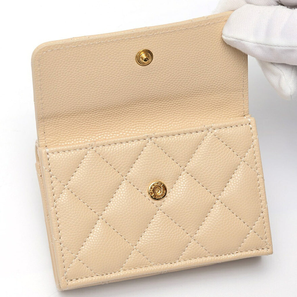 CHANEL Matelasse Small Flap Wallet Trifold AP3518 Caviar Skin Beige S-159569