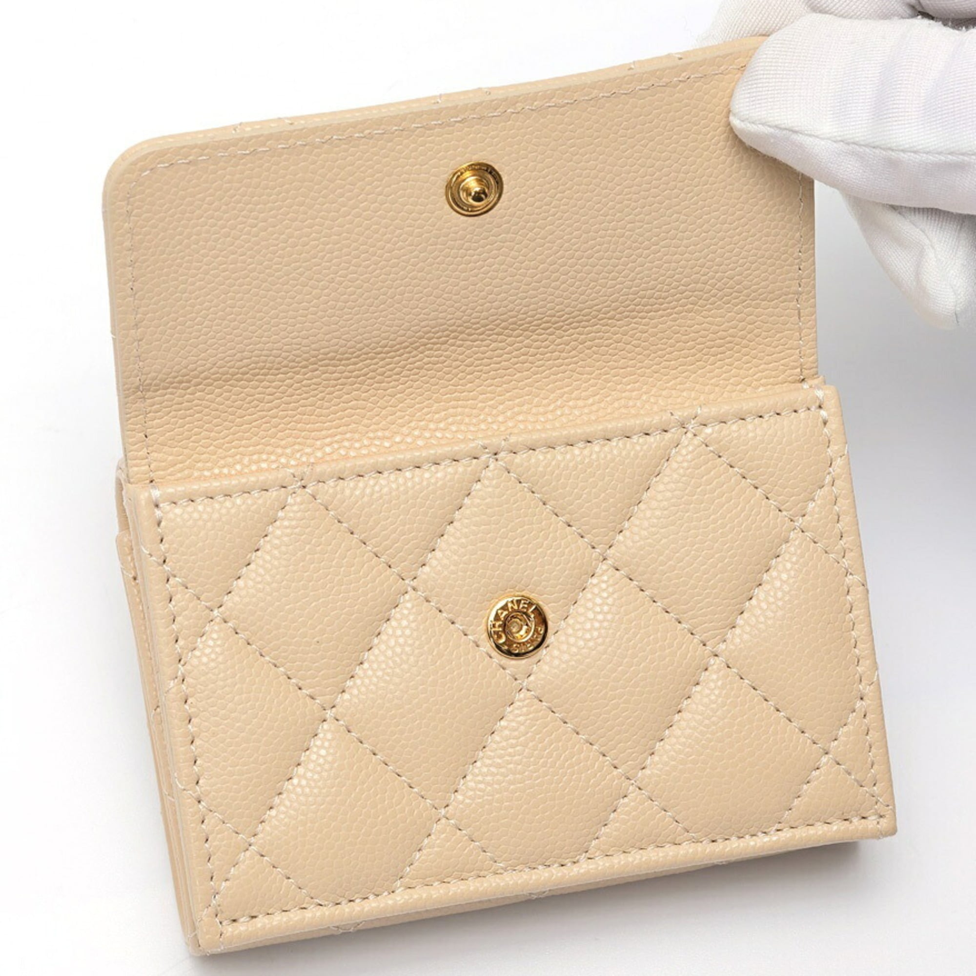 CHANEL Matelasse Small Flap Wallet Trifold AP3518 Caviar Skin Beige S-159569