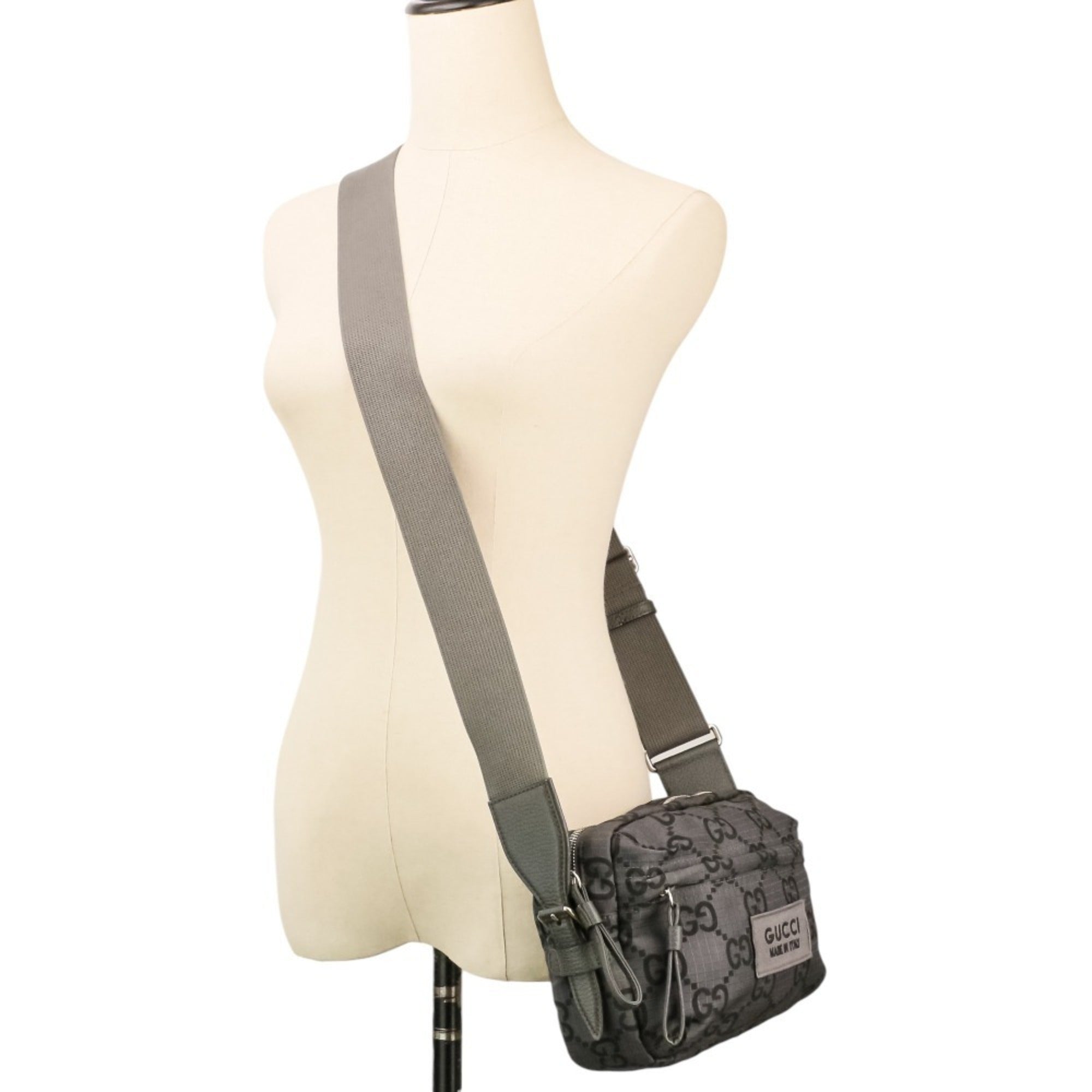 GUCCI ECONYLON GG Polyester Shoulder Bag, Medium, 767931 520981, Gray, Men's/Women's — Like New