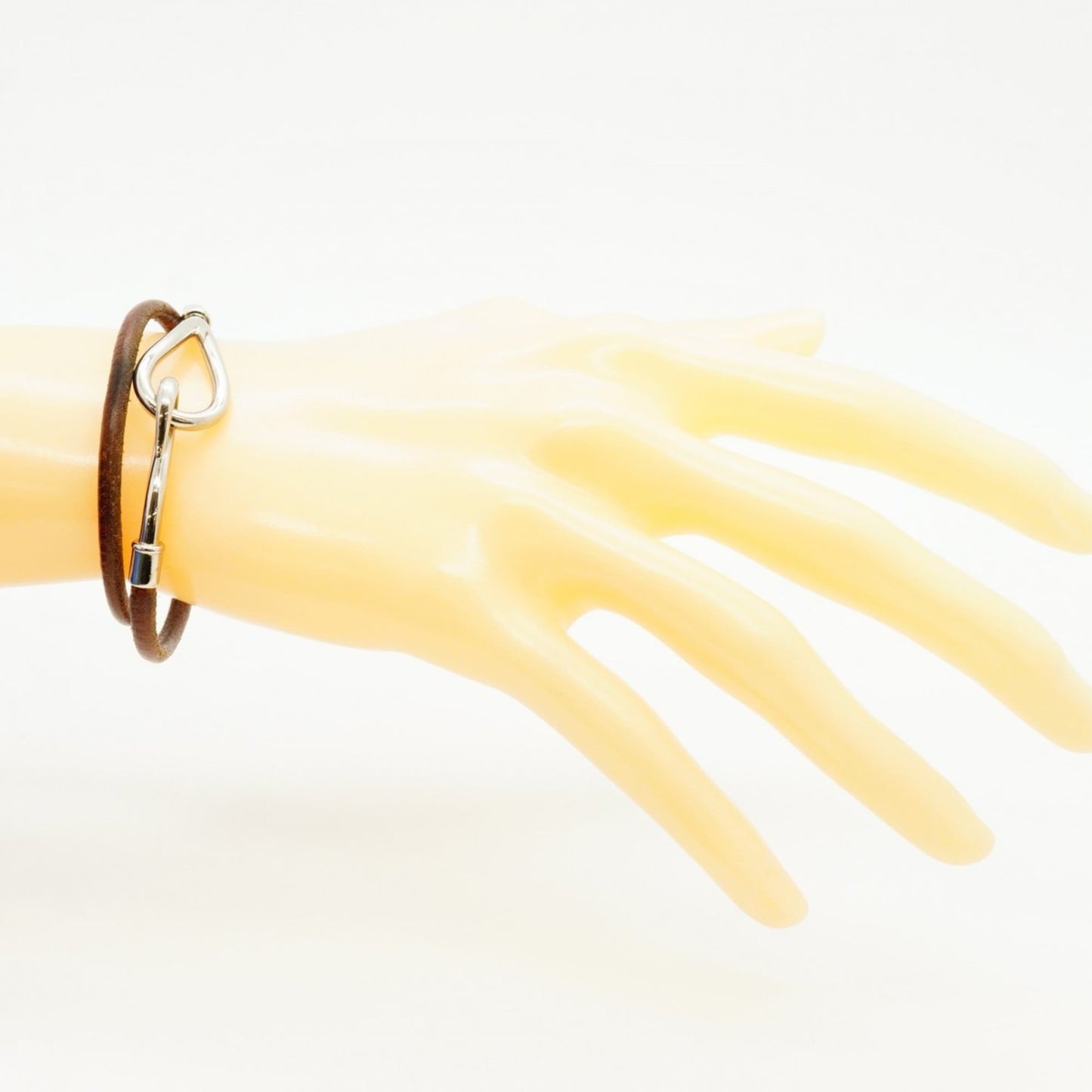 Hermes Jumbo Hook Bracelet, Metal, Leather, Silver, Brown, Women's