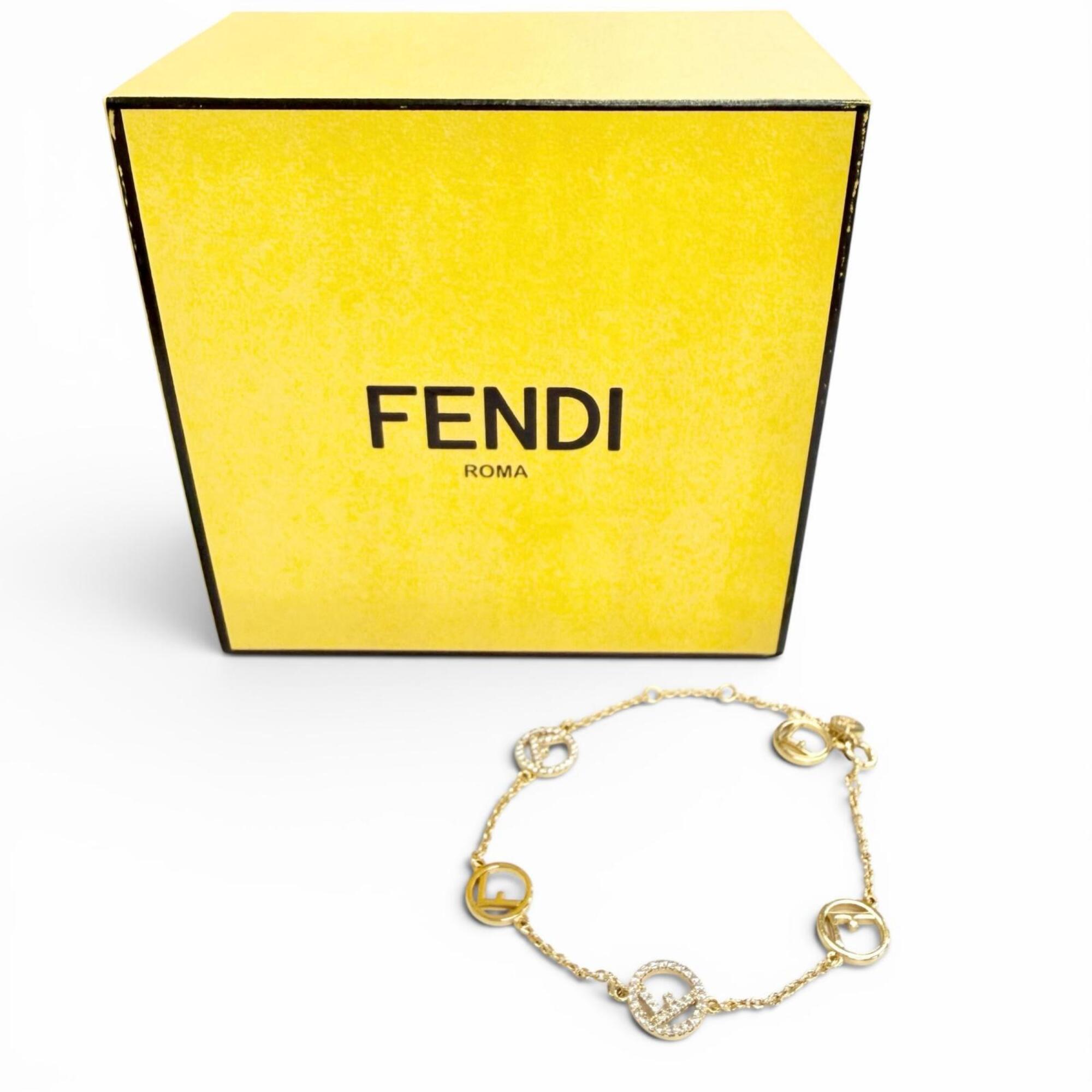 FENDI 8AG761 F is Fendi Bracelet, Logo Plate, Rhinestones, Gold, Made in Italy, Women's, with Box — Like New