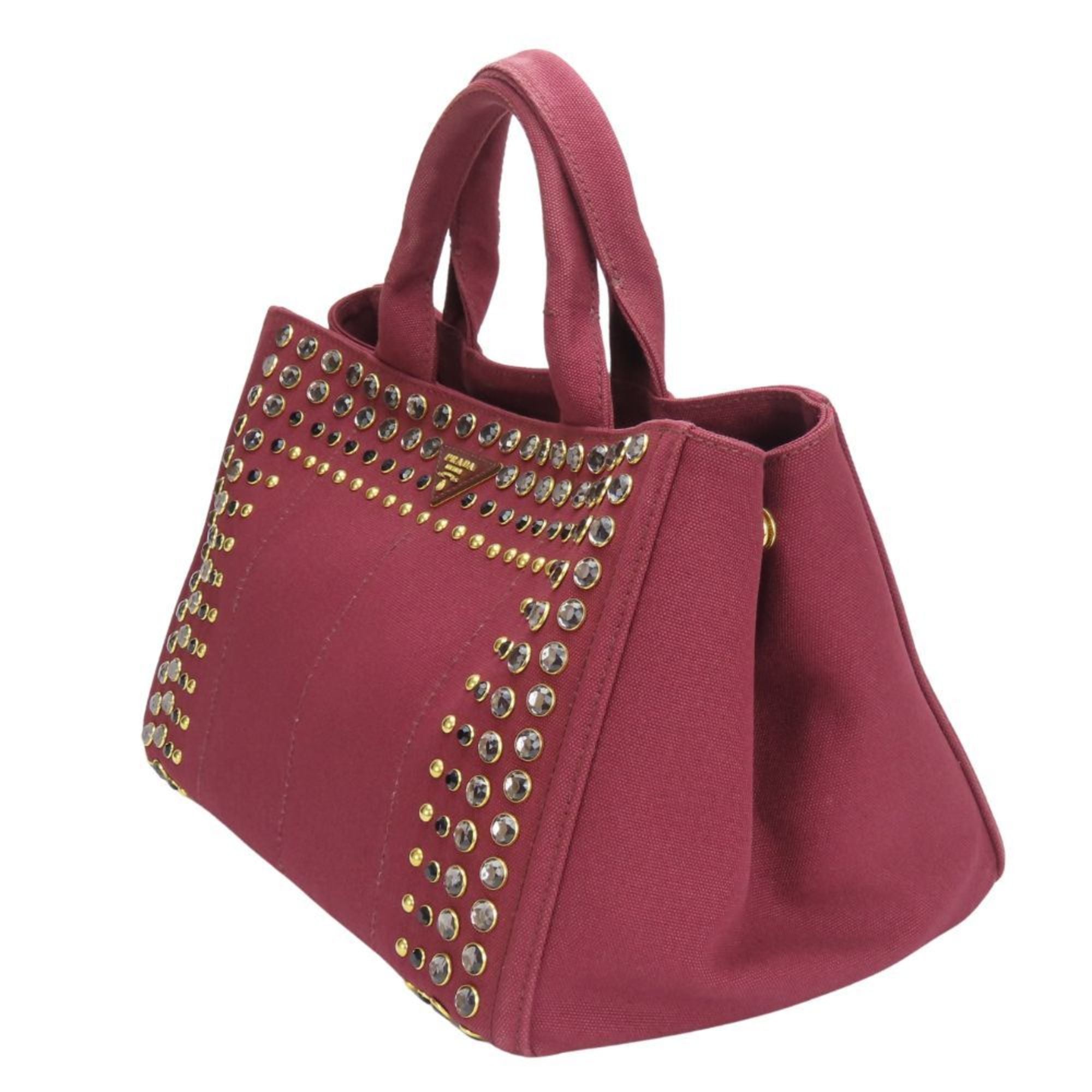 Prada Tote Bag Canapa B2642O Studded Canvas Amaranth Wine Red Shoulder Beads Women's PRADA