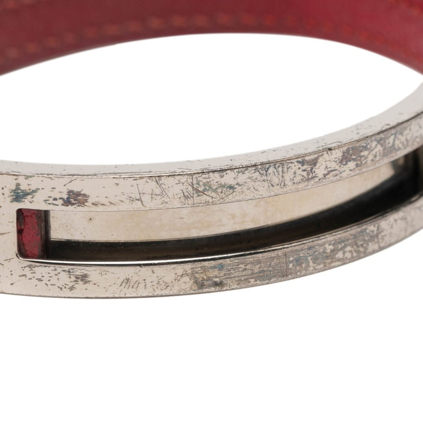 Hermes Puspus Bracelet Bangle in Pink with Silver Hardware, Leather and Metal, Women's HERMES