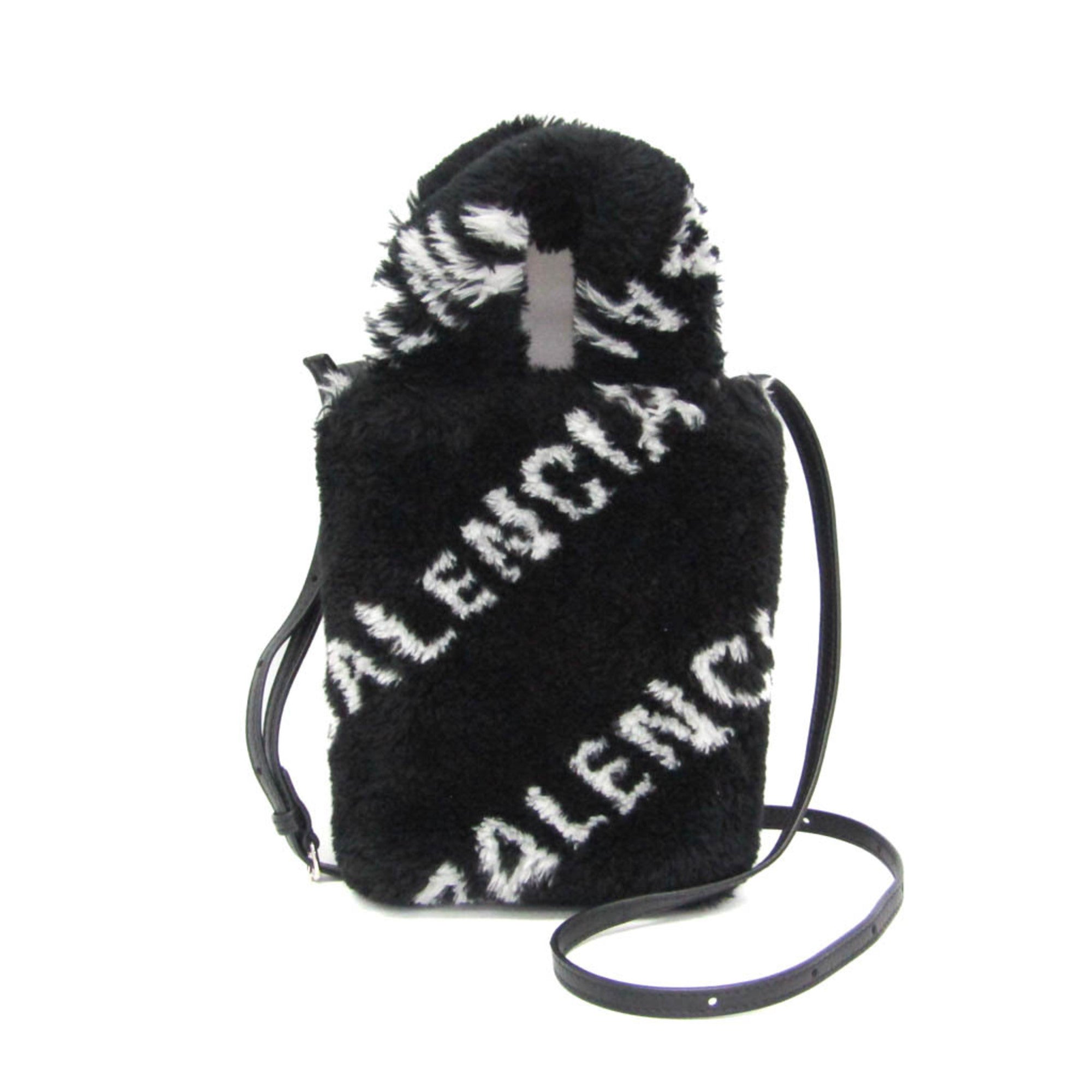 Balenciaga Everyday Phone Holder 596564 Women's Leather,Faux Fur Handbag,Shoulder Bag Black,White — Like New