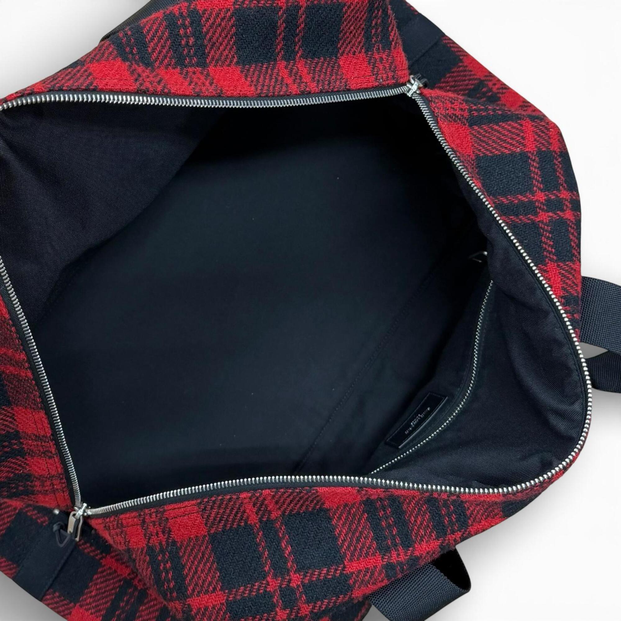 Yves Saint Laurent SAINT LAURENT PARIS 594400 Wool Leather Check Pattern 2-Way Duffle Bag/Boston Bag with Logo Patch, Red/Black, Made in Italy, Suitable for Women and Men — Like New