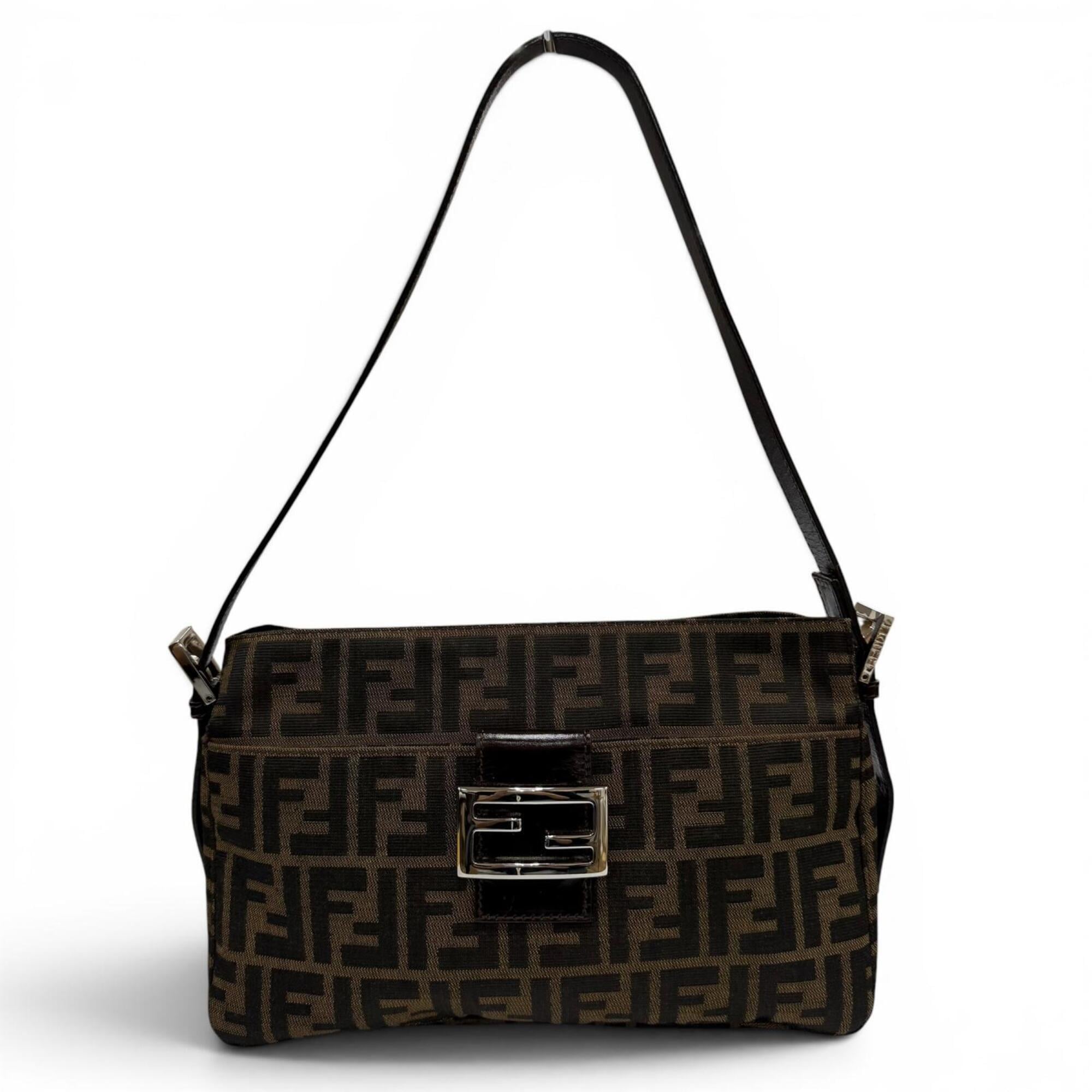 FENDI Vintage 26566 Leather Shoulder Bag with Zucca Pattern and FF Logo Hardware, Brown, Made in Italy, Women's, Box — Like New