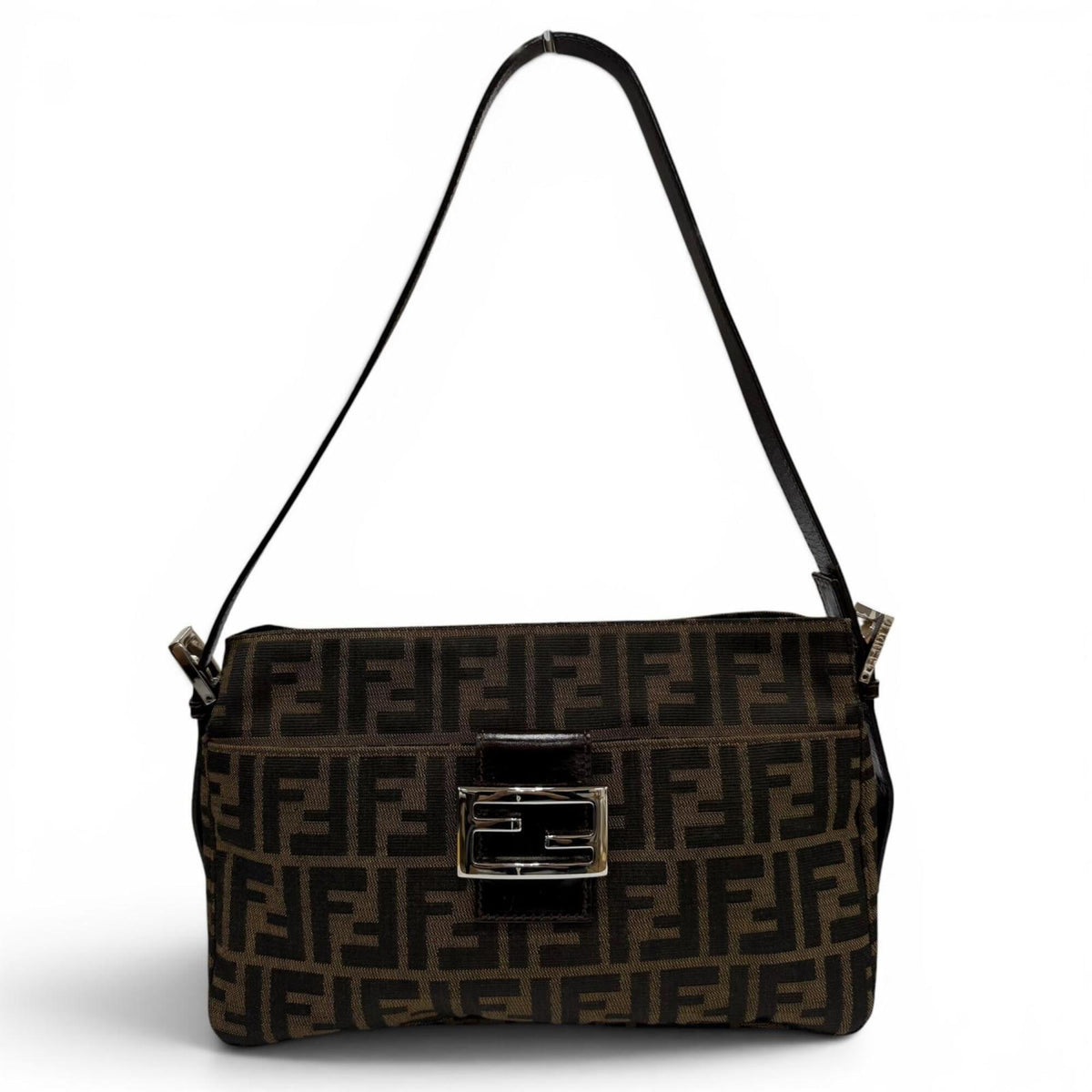 FENDI Vintage 26566 Leather Shoulder Bag with Zucca Pattern and FF Logo Hardware, Brown, Made in Italy, Women's, Box — Like New