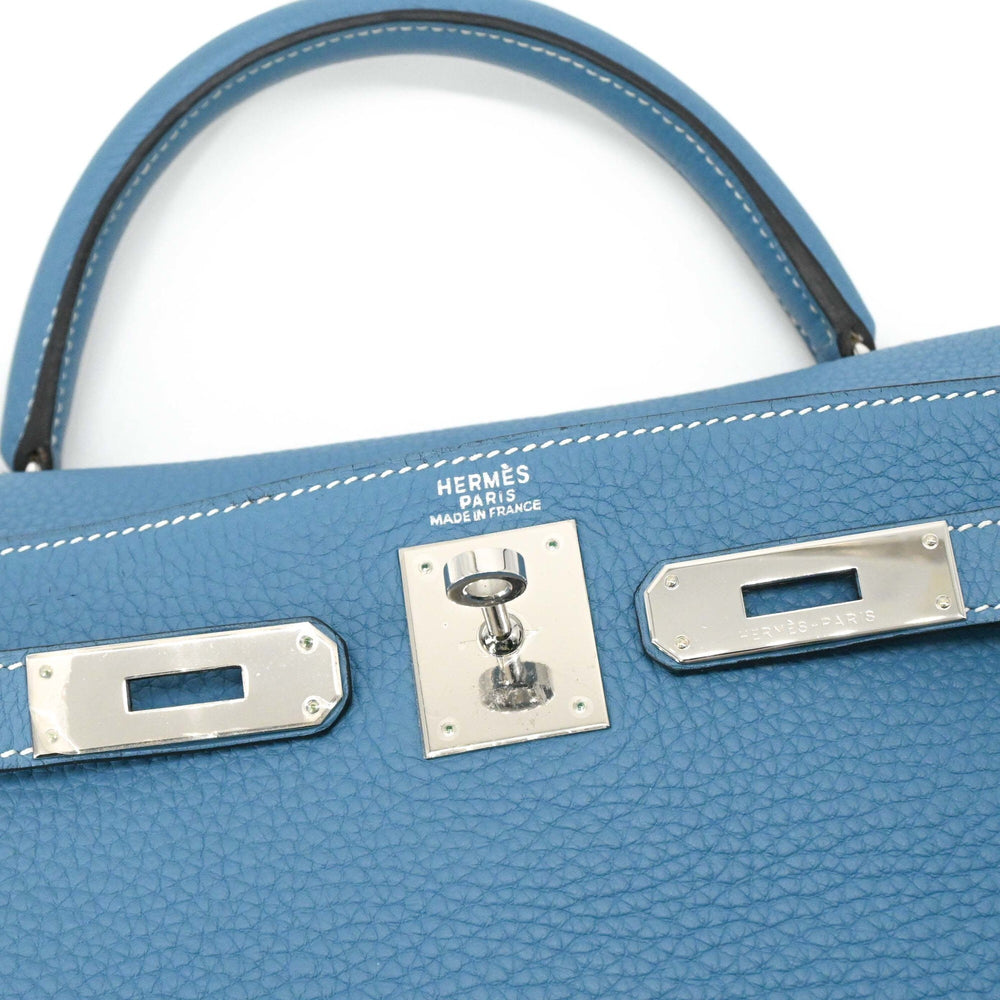 HERMES Kelly 28 Handbag Tote Bag, Taurillon Clemence Leather, Women's, Blue Jean — Like New