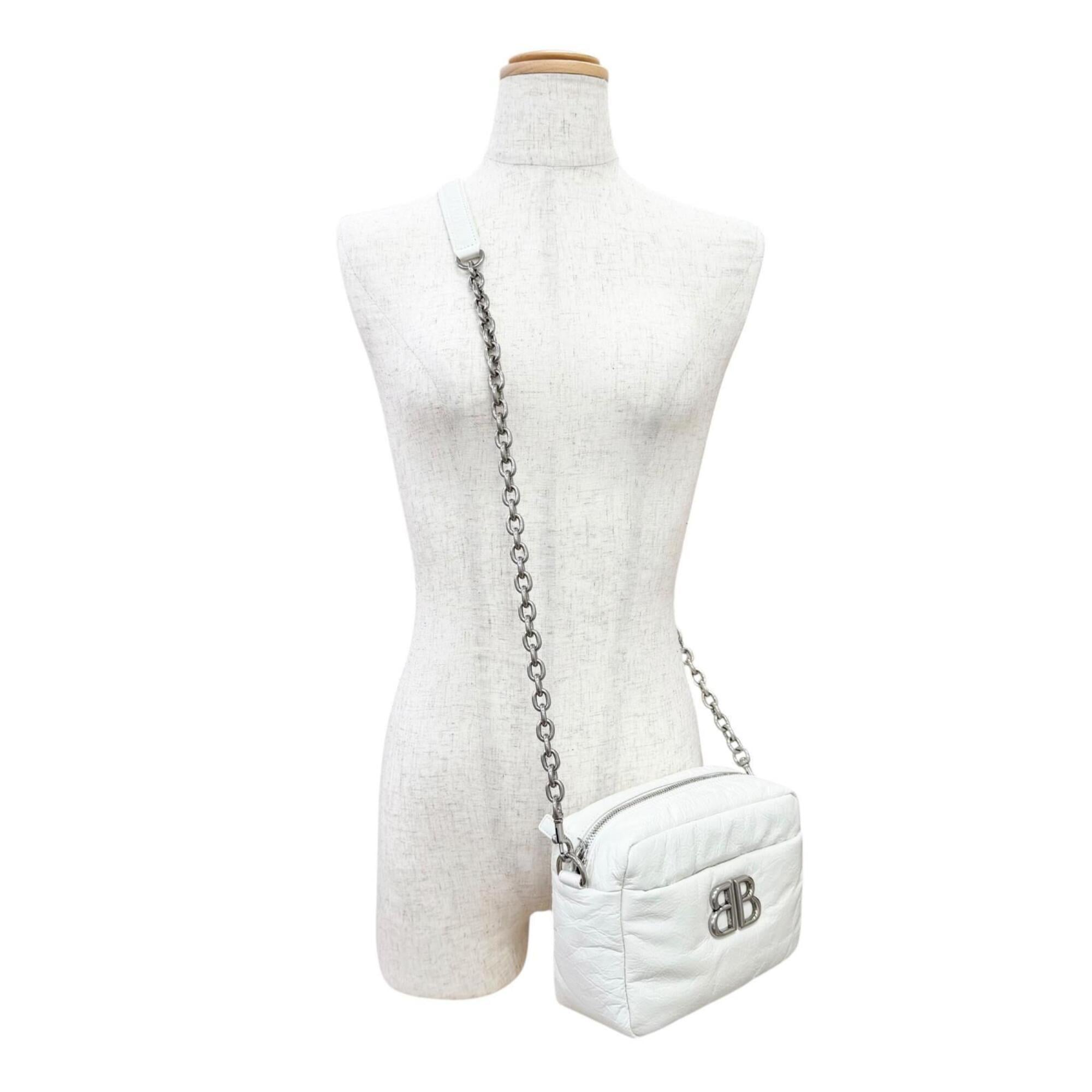 BALENCIAGA 806459 MONACO Arena Calfskin Chain Shoulder Bag, White with Silver Hardware, Women's, Dust Bag — Like New