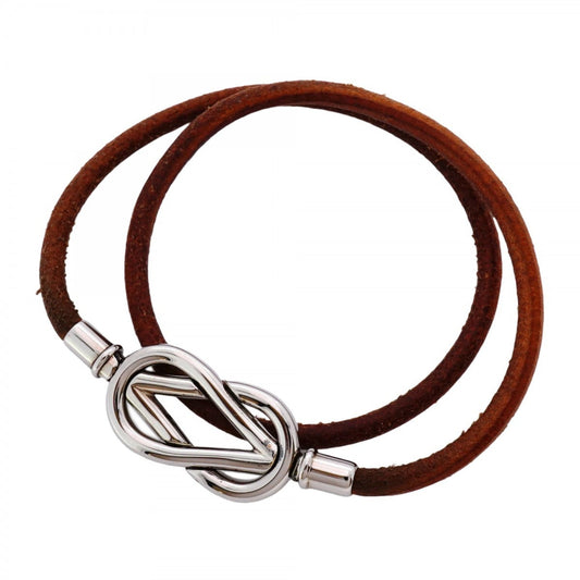 Hermes Hermès Atame Bracelet, 2-Row, Metal, Leather, Silver, Brown, Men's and Women's