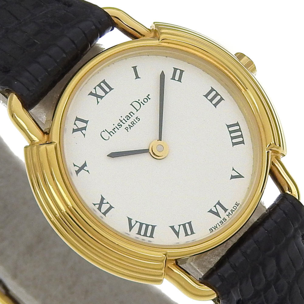 Christian Dior watch, model 58.121.2, gold-plated leather strap, gold quartz, analog, white dial, women's — Very Good