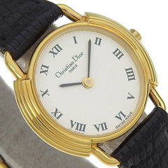 Christian Dior watch, model 58.121.2, gold-plated leather strap, gold quartz, analog, white dial, women's — Very Good