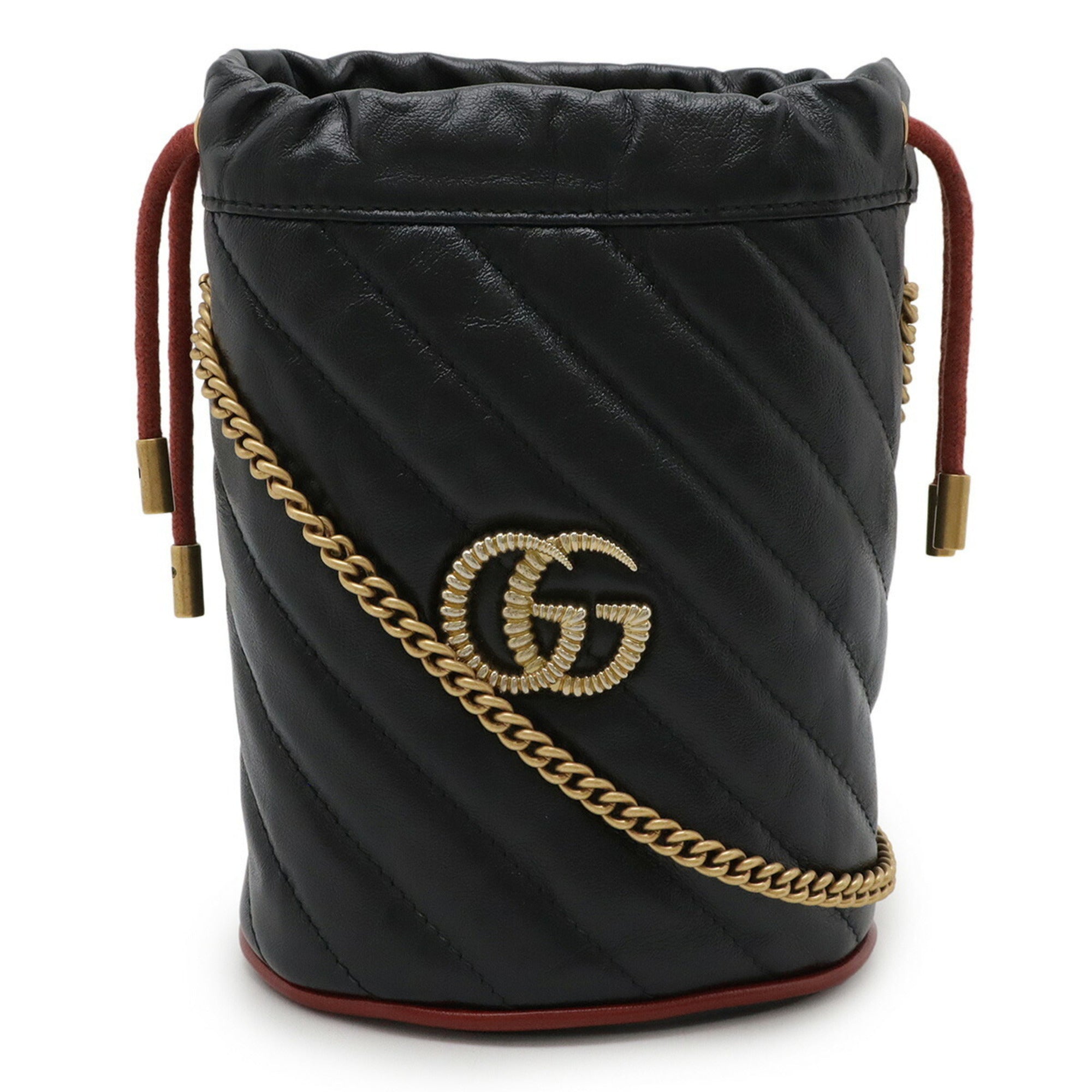 GUCCI GG Marmont Mini Bucket Bag, Shoulder Chain Leather, Black, Red, 573817