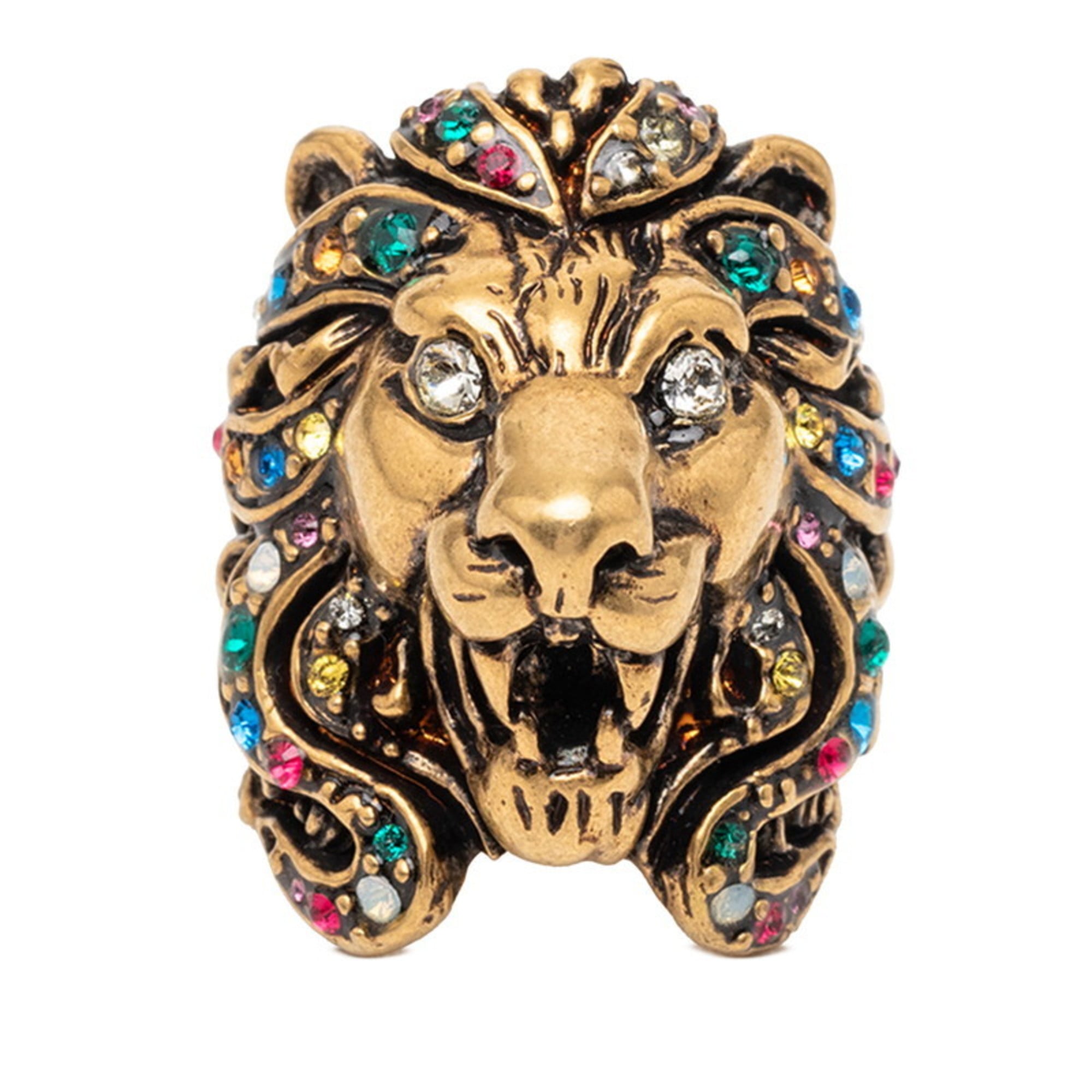 Gucci Tiger Head Ring, #13 Gold with Multicolor Plated Rhinestones, Women's, GUCCI