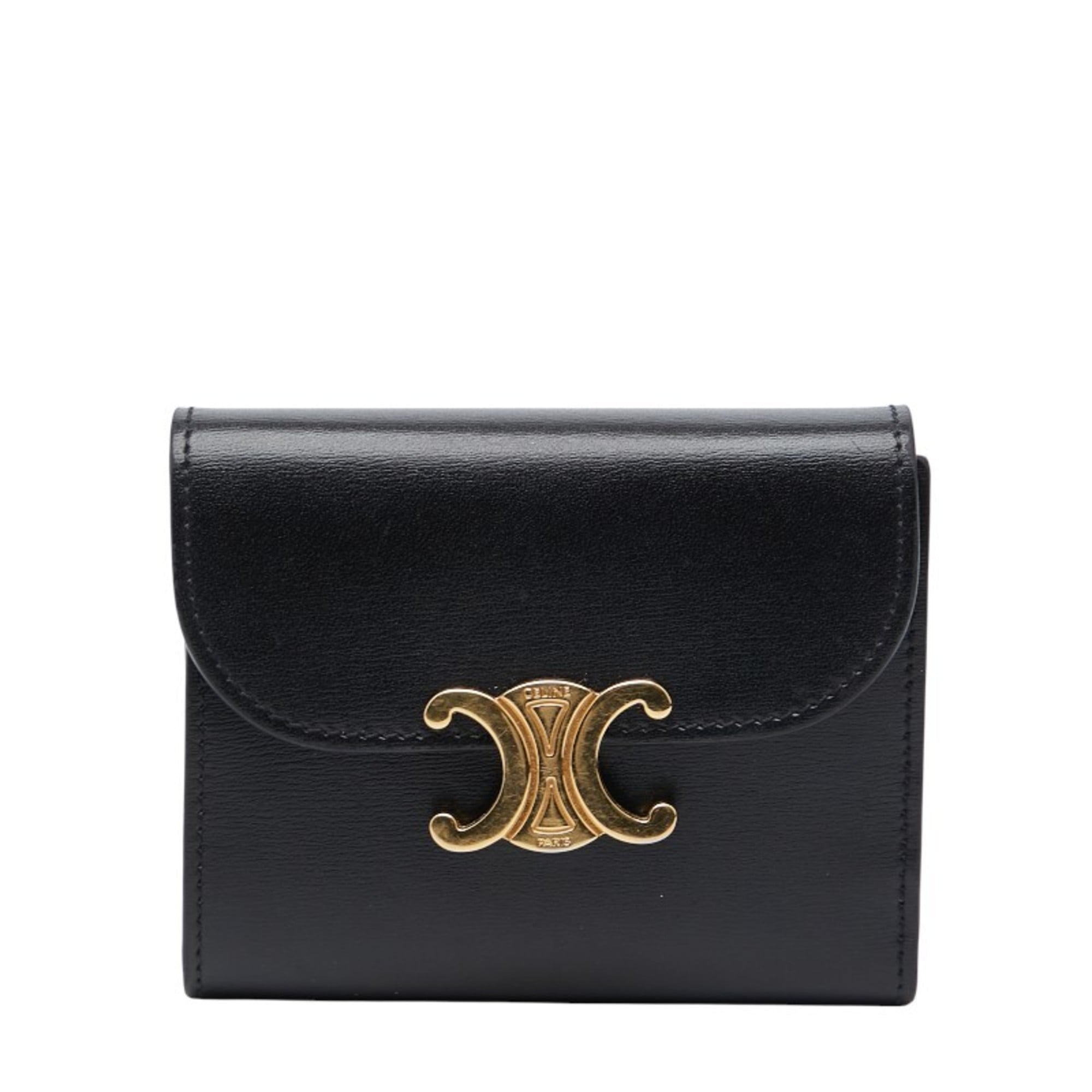 Celine Triomphe Tri-fold Wallet Black Leather Women's CELINE