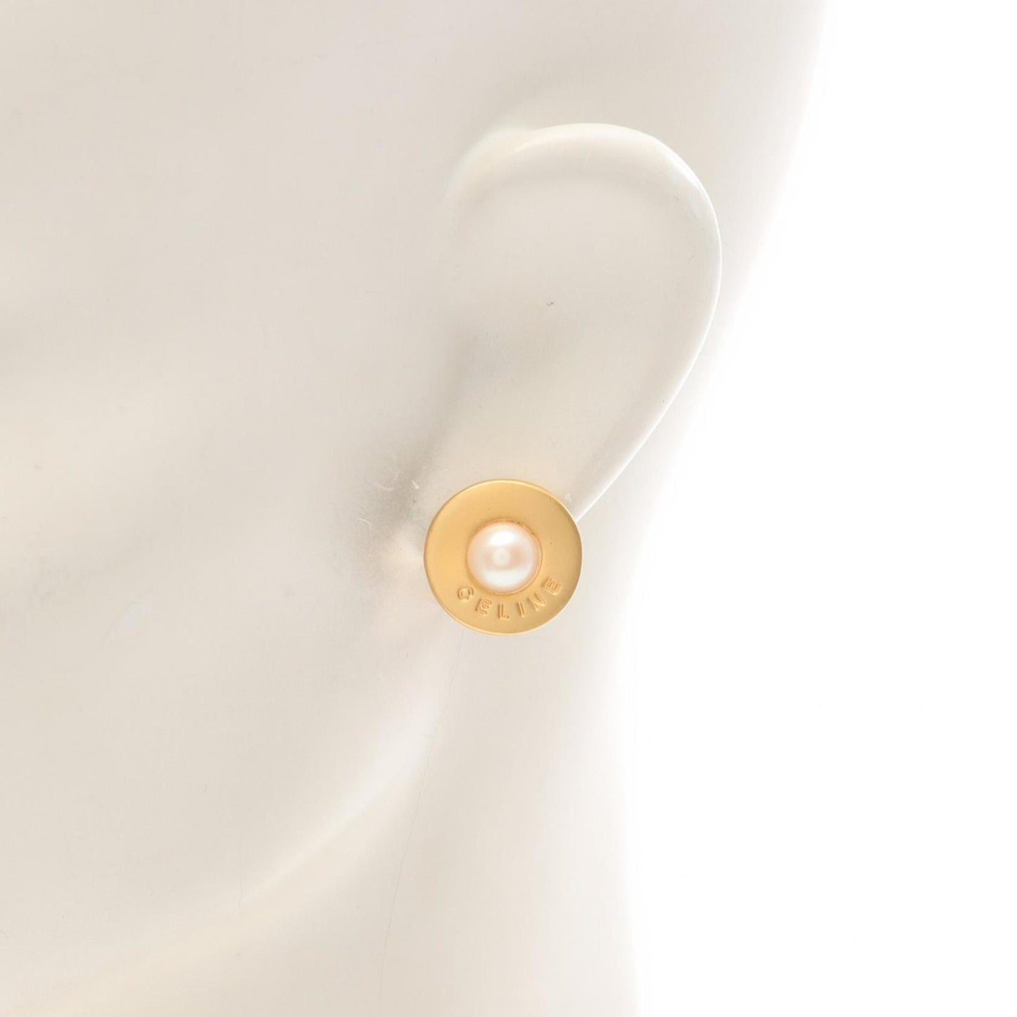 Celine logo earrings with gold-plated faux pearls for women in gold and white.