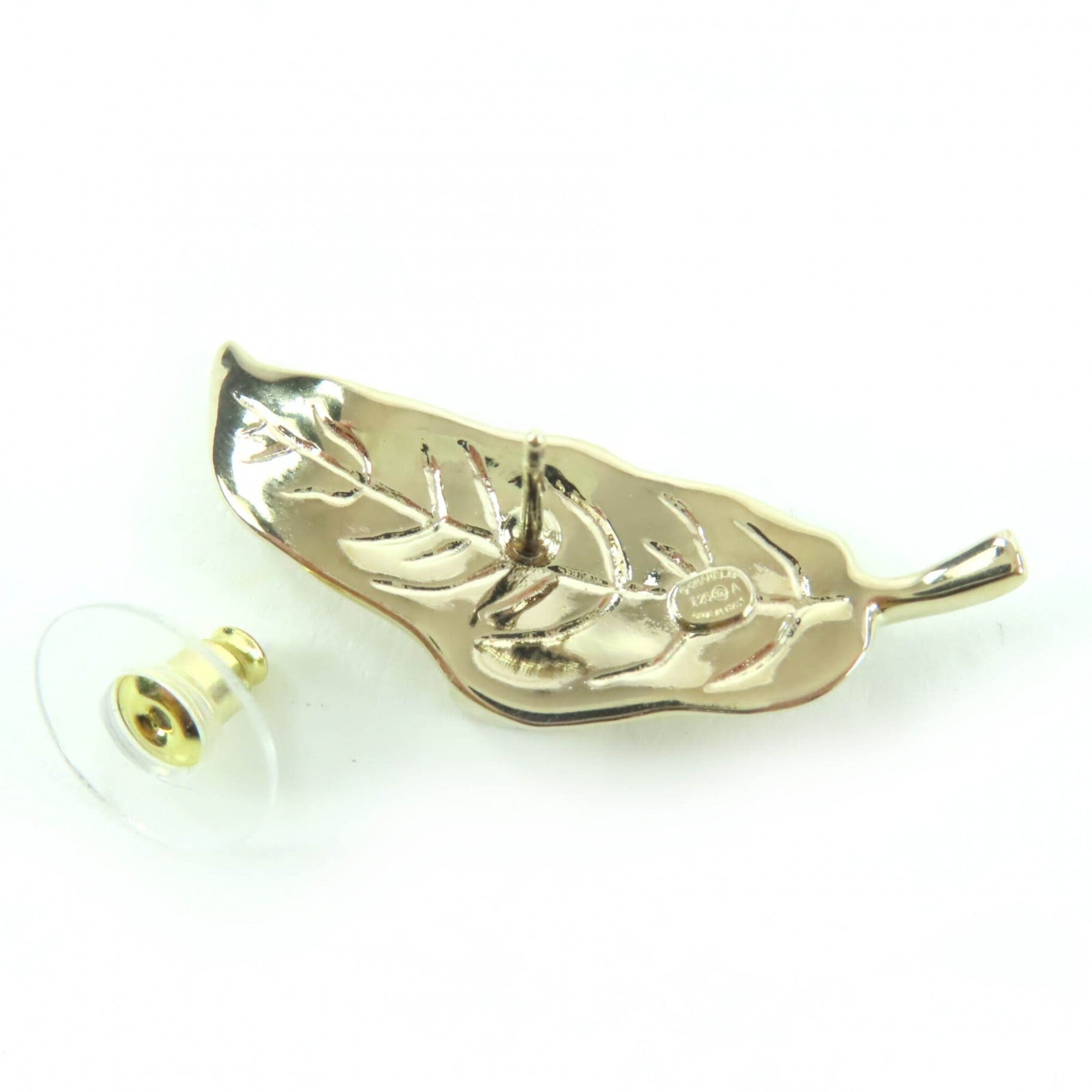 CHANEL I25A Coco Mark Leaf Design Rhinestone Earrings, Gold, Made in Italy, Women's — Like New