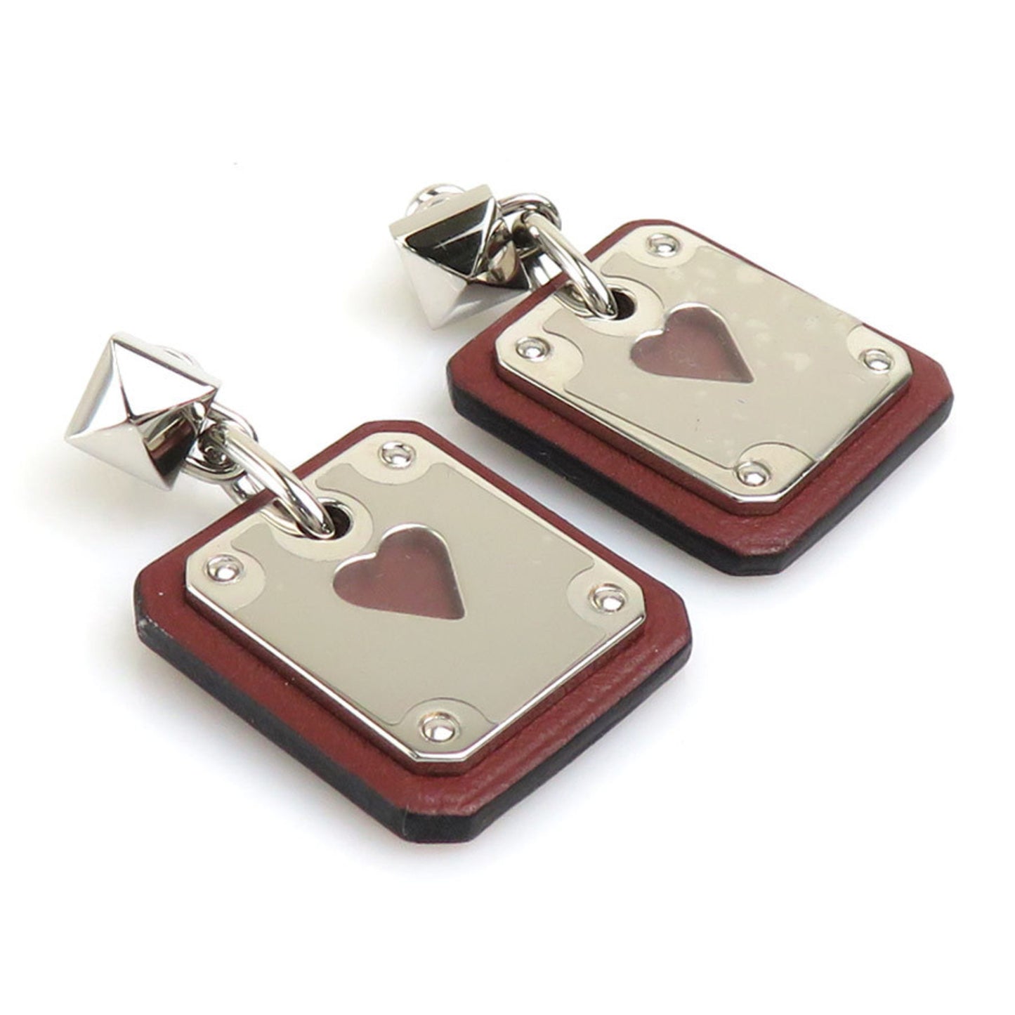 HERMES Earrings As de Coeur Metal Leather Silver Brown Women's e60269g