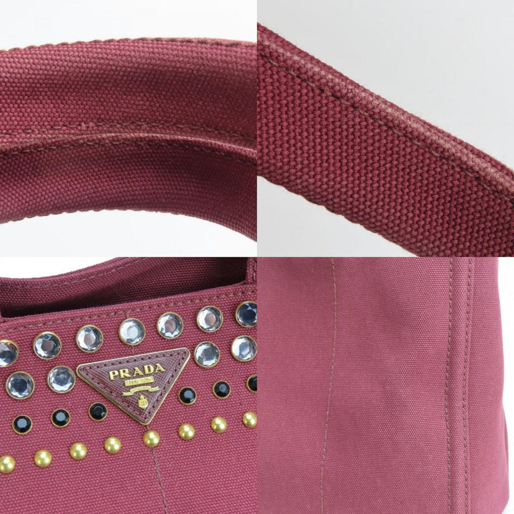 Prada Tote Bag Canapa B2642O Studded Canvas Amaranth Wine Red Shoulder Beads Women's PRADA