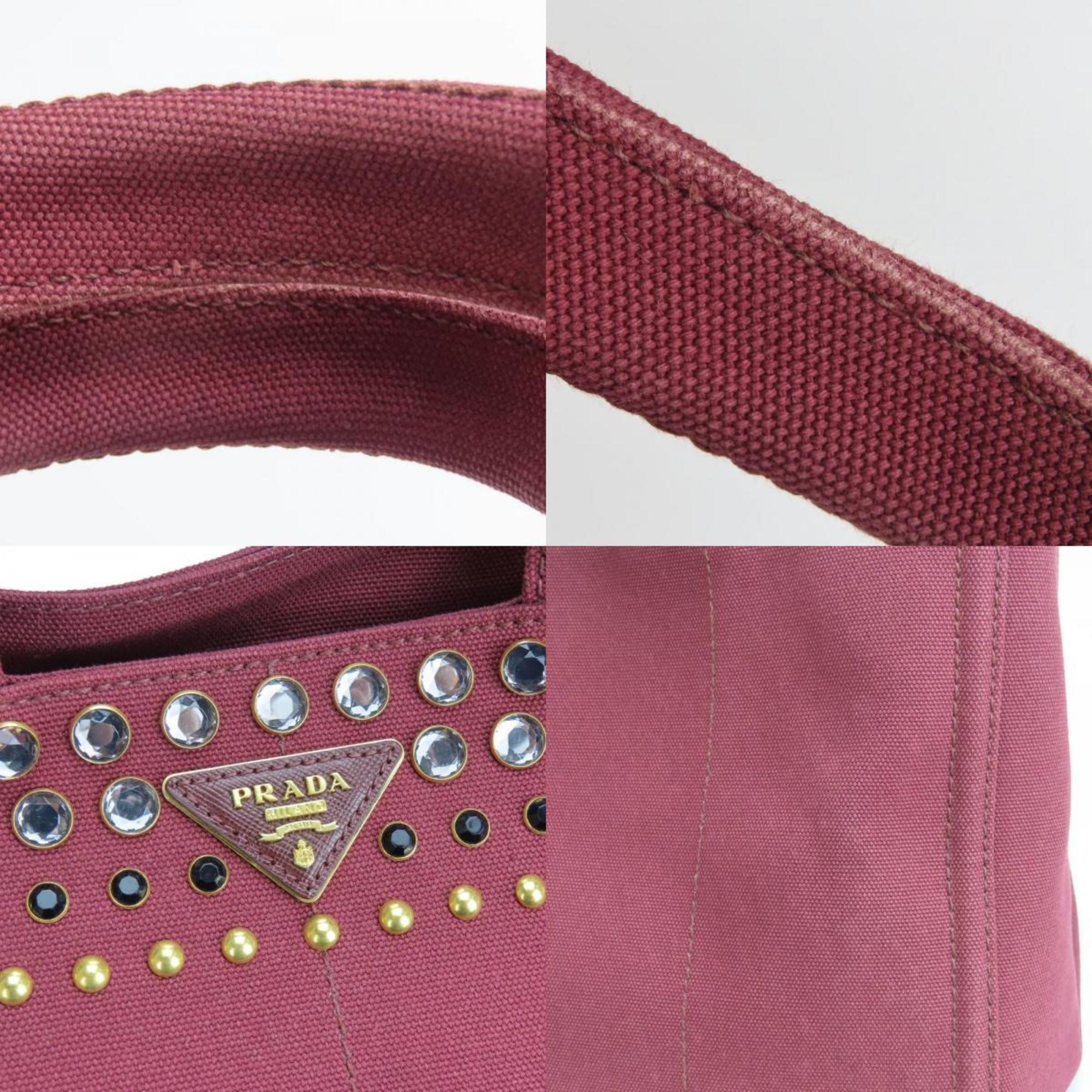 Prada Tote Bag Canapa B2642O Studded Canvas Amaranth Wine Red Shoulder Beads Women's PRADA
