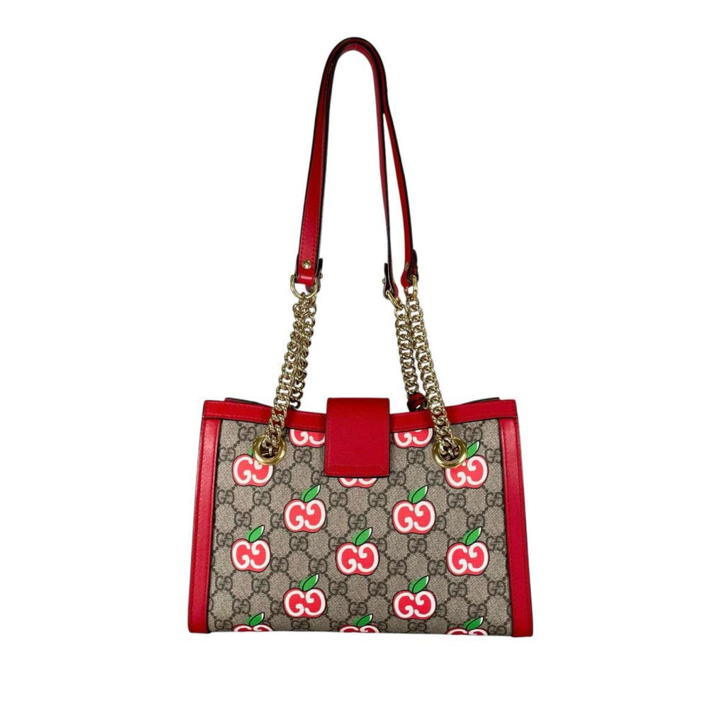Gucci GG Apple Padlock Shoulder Bag, Canvas, 498156, Beige x Red Multicolor — Like New