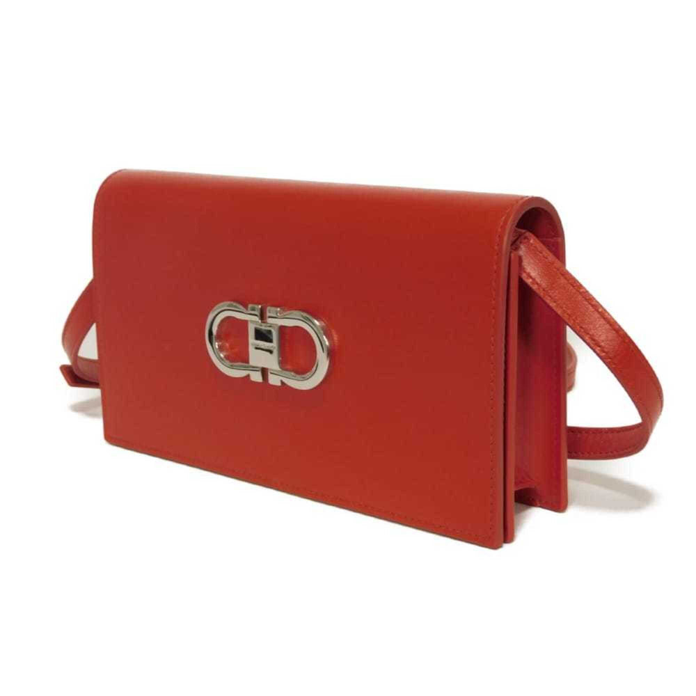 Salvatore Ferragamo Shoulder Bag Double Gancini Mini Chain Calfskin 2-Way New Logo Red 218357 Women's — Like New