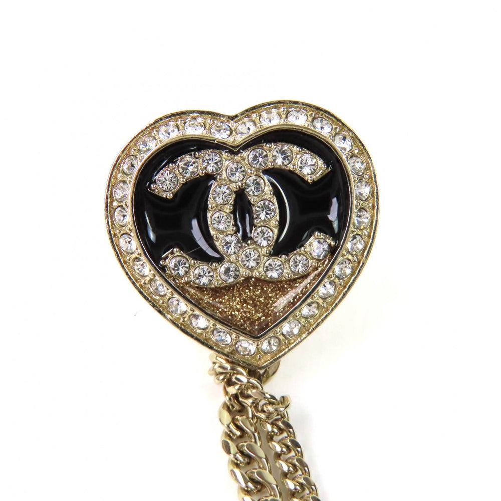 CHANEL C23B ABB655 Coco Mark Metal Strass Double Heart Chain Brooch Gold Women's — Like New