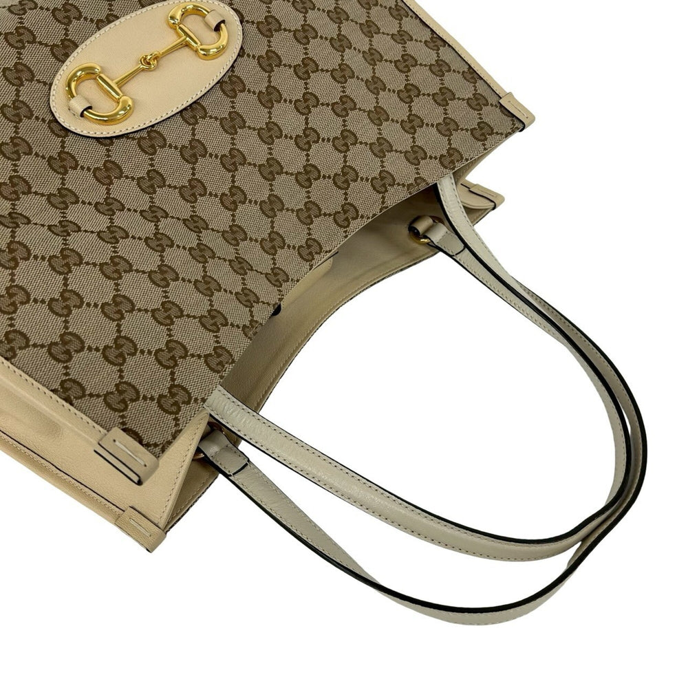 GUCCI GG Logo Horsebit Hardware Canvas Leather Genuine Tote Bag Semi Shoulder Beige 05060 — Like New