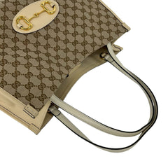 GUCCI GG Logo Horsebit Hardware Canvas Leather Genuine Tote Bag Semi Shoulder Beige 05060 — Like New