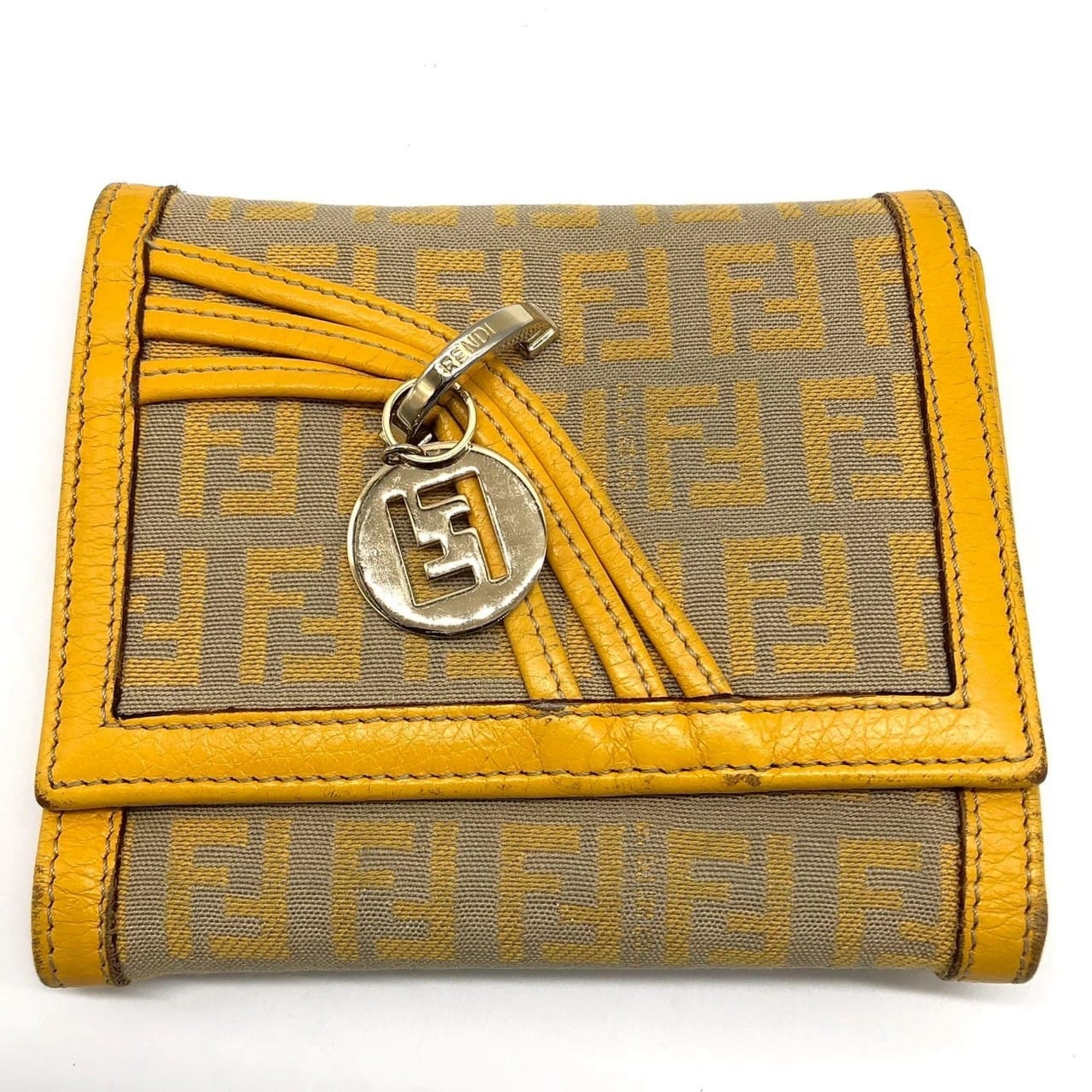 FENDI Zucchino Tri-fold Wallet, Canvas and Leather, Yellow, for Men Women
