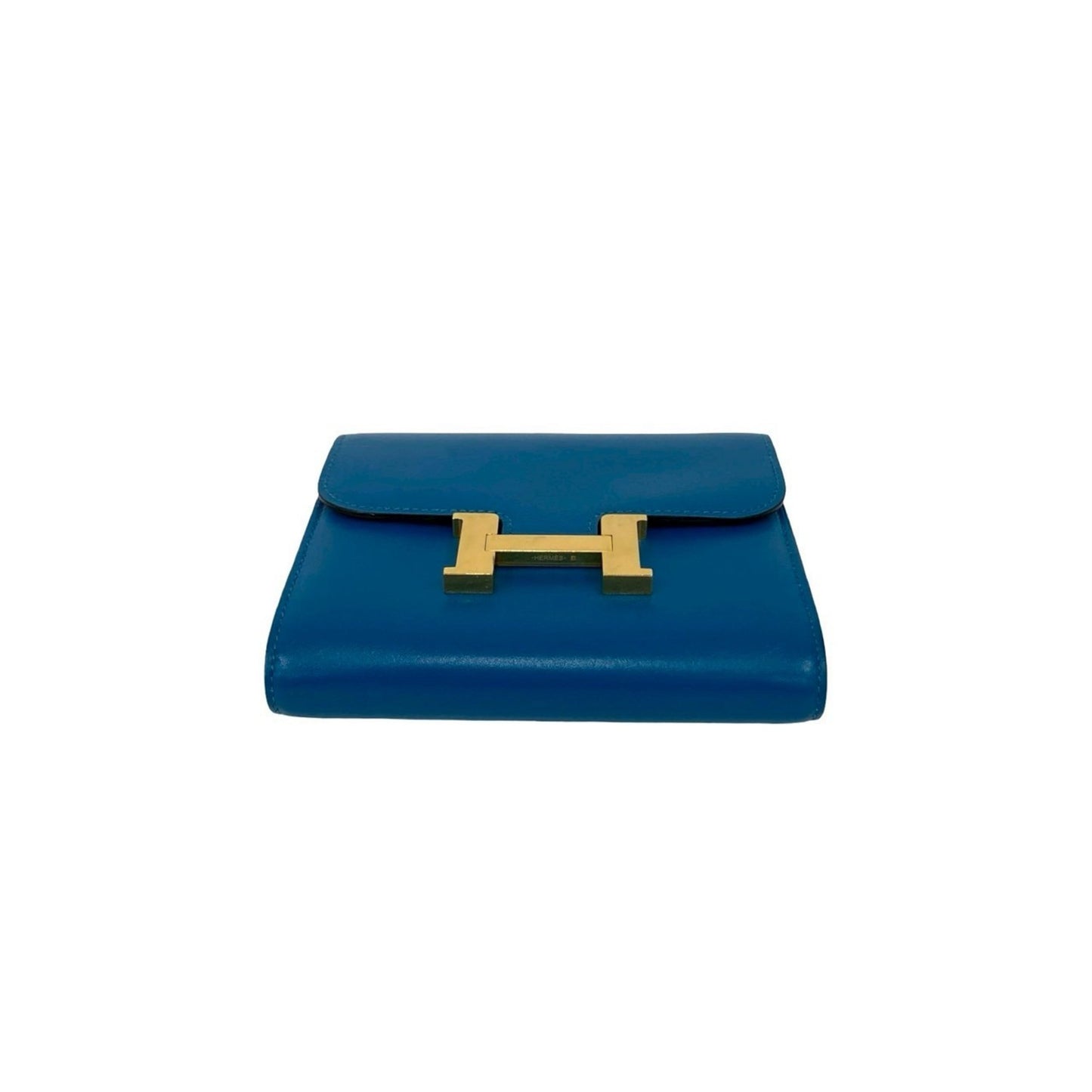A stamped HERMES Constance Compact Calf Leather Bi-fold Wallet Blue 28793