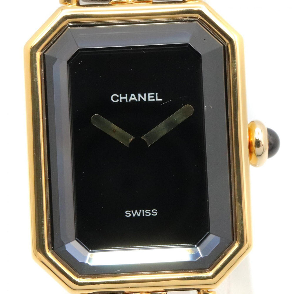 Chanel CHANEL Première M Wristwatch, Gold Plated (GP), Leather Strap, Women's, Black, H0001 — Very Good