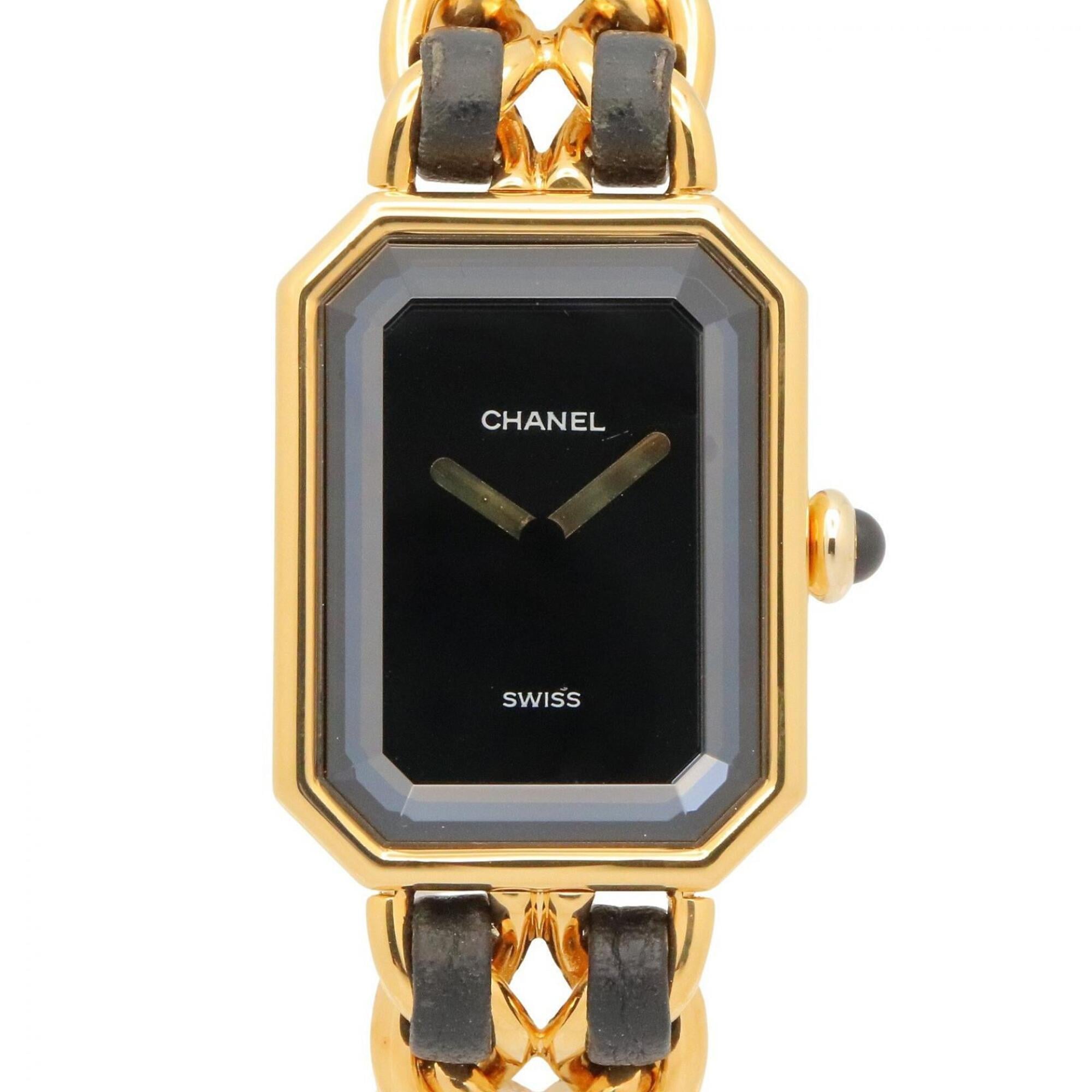 Chanel CHANEL Première M Wristwatch, Gold Plated (GP), Leather Strap, Women's, Black, H0001 — Very Good