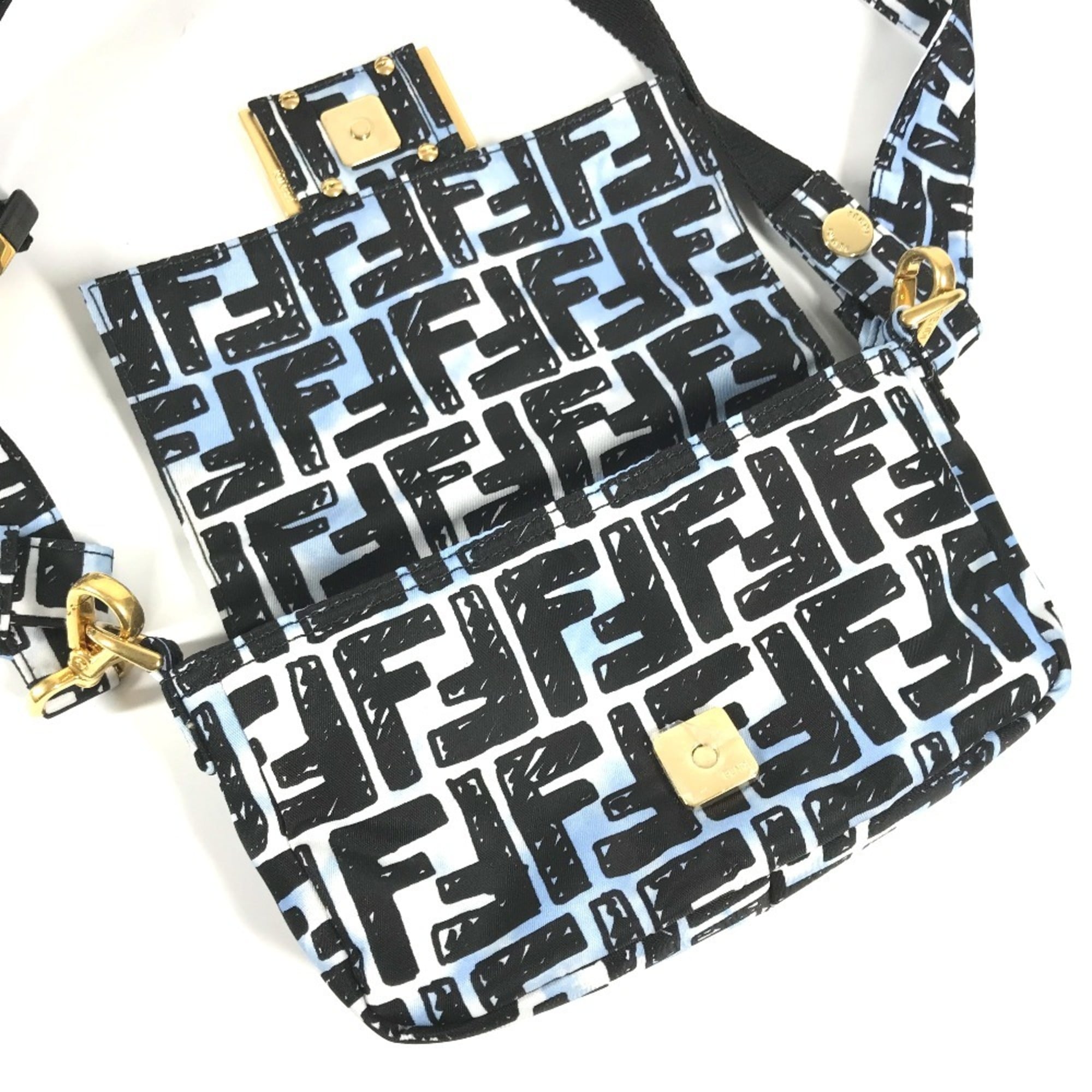 FENDI 8BR784 Joshua Vides Collaboration Zucca Baguette Bag Pochette Shoulder Nylon Men's Blue — New - Store Return