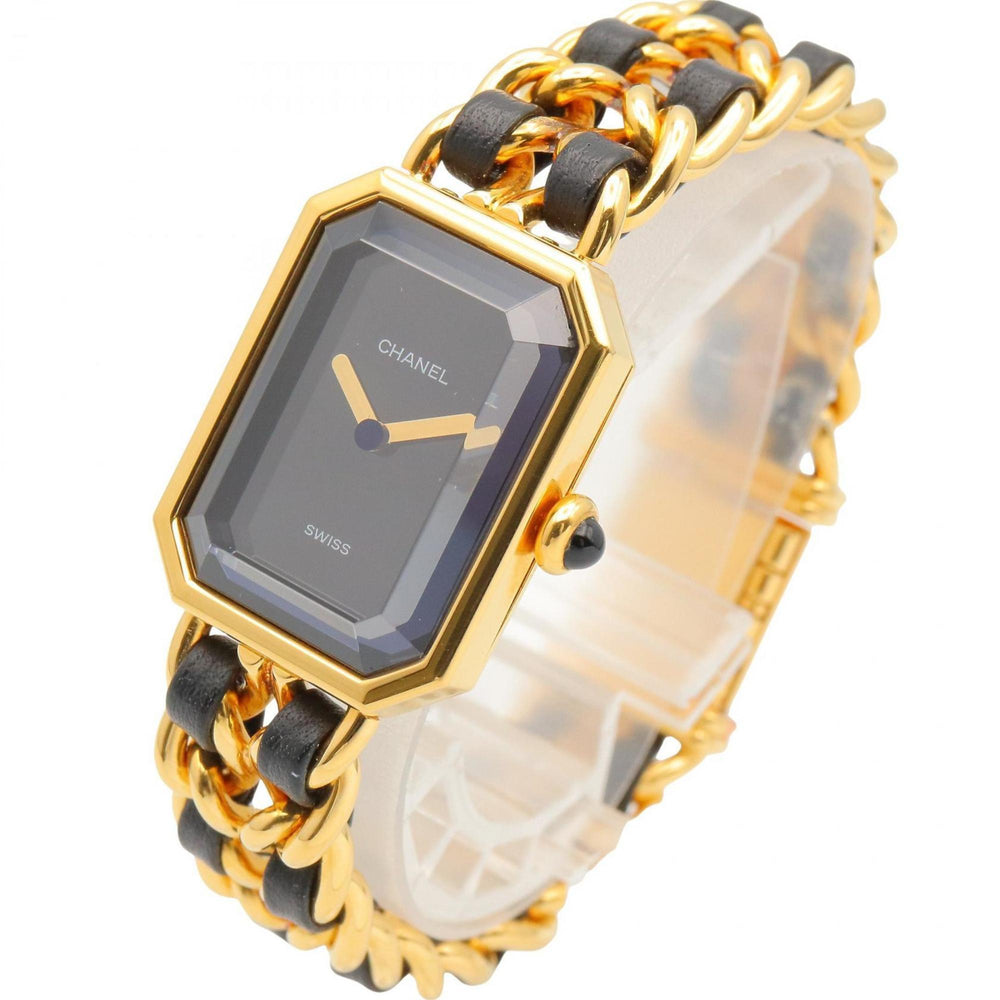 CHANEL Premiere M Watch, Gold-Plated, with Leather Strap, Black, Women's, H0001 — Very Good