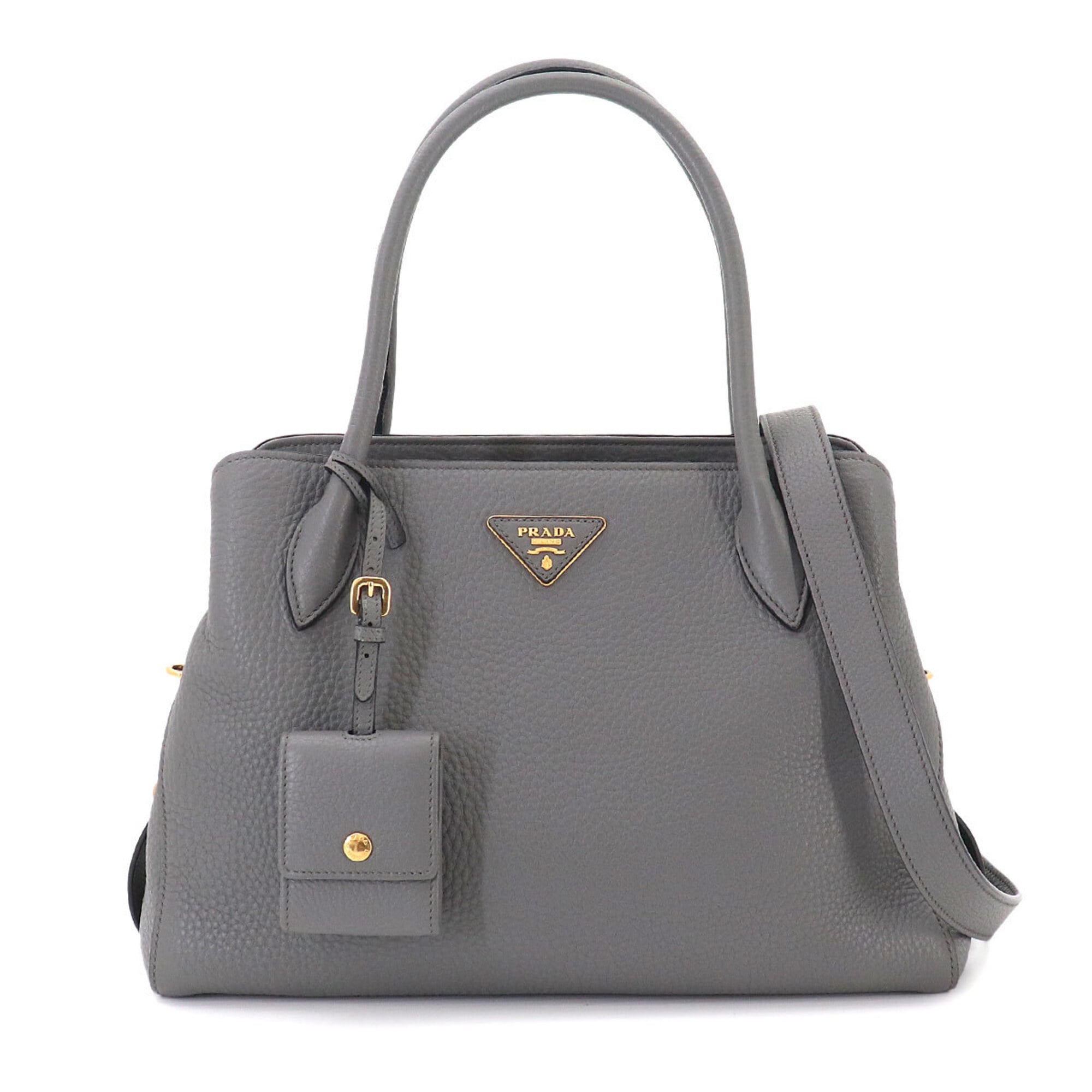 Prada 2-way Hand/Shoulder Handbag, Leather, Gray, 1BA127, Gold Hardware — Like New