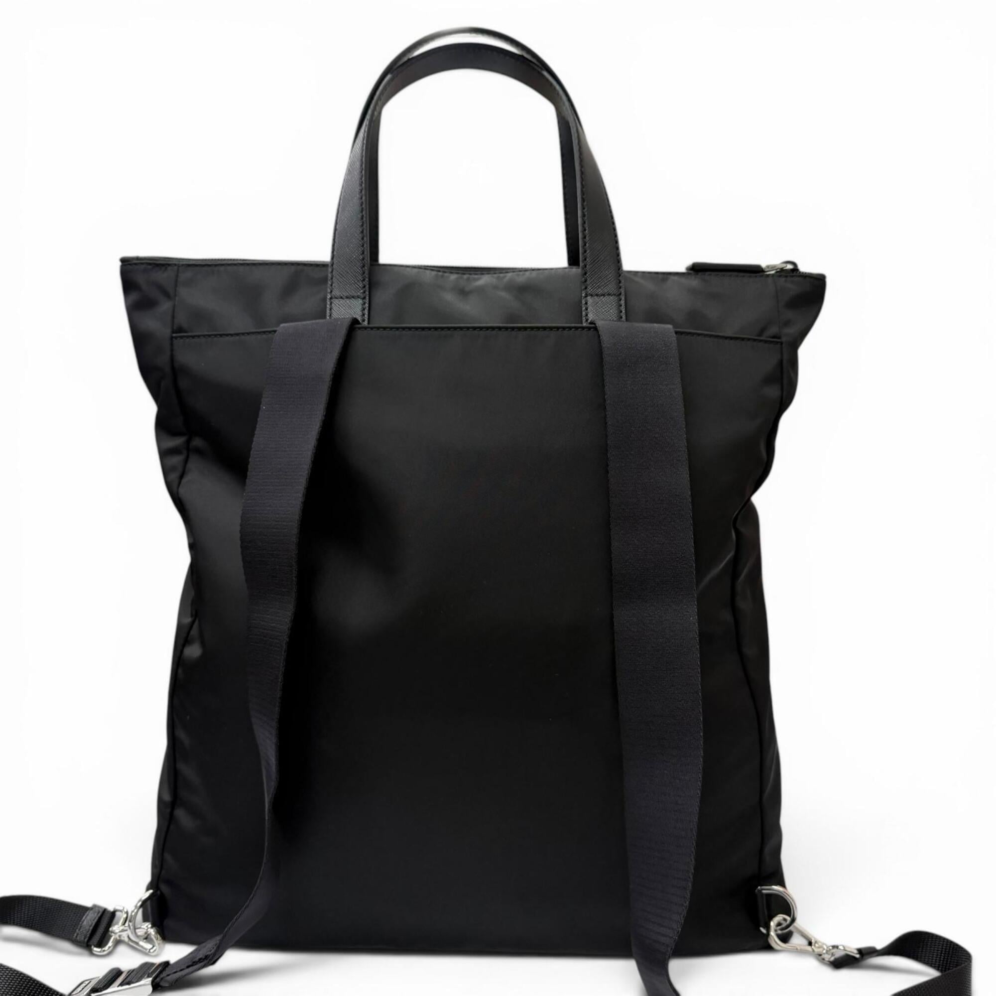 PRADA 2VG098 Triangle Logo Saffiano Leather Re-Nylon 2-Way Backpack Tote Bag Black Made in Italy Men's with Dust — Like New