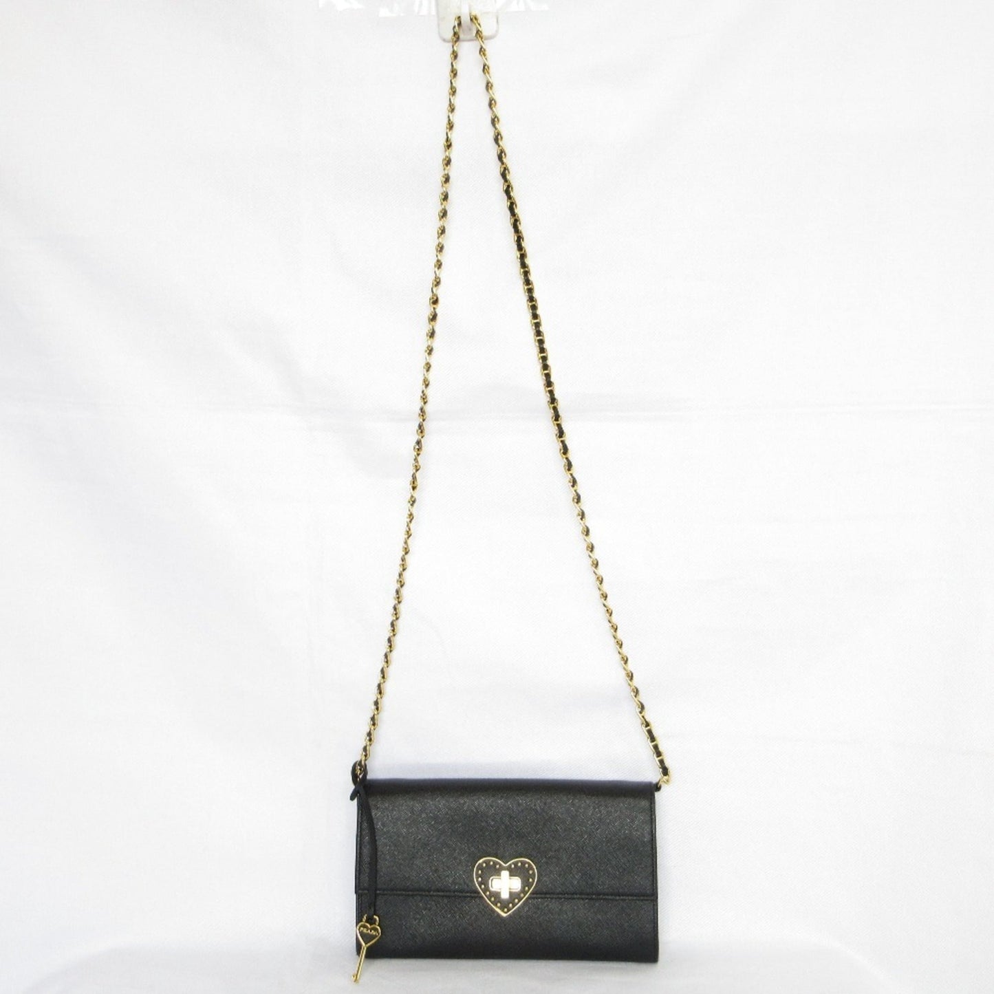 PRADA Prada Saffiano Leather Heart Motif Turn Lock Chain Wallet BT770C Black Women's