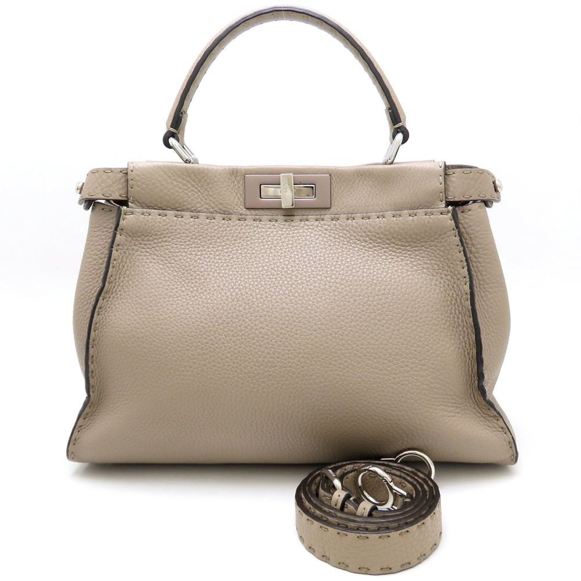 FENDI Peekaboo 8BN290 Handbag Selleria Leather Greige 352378