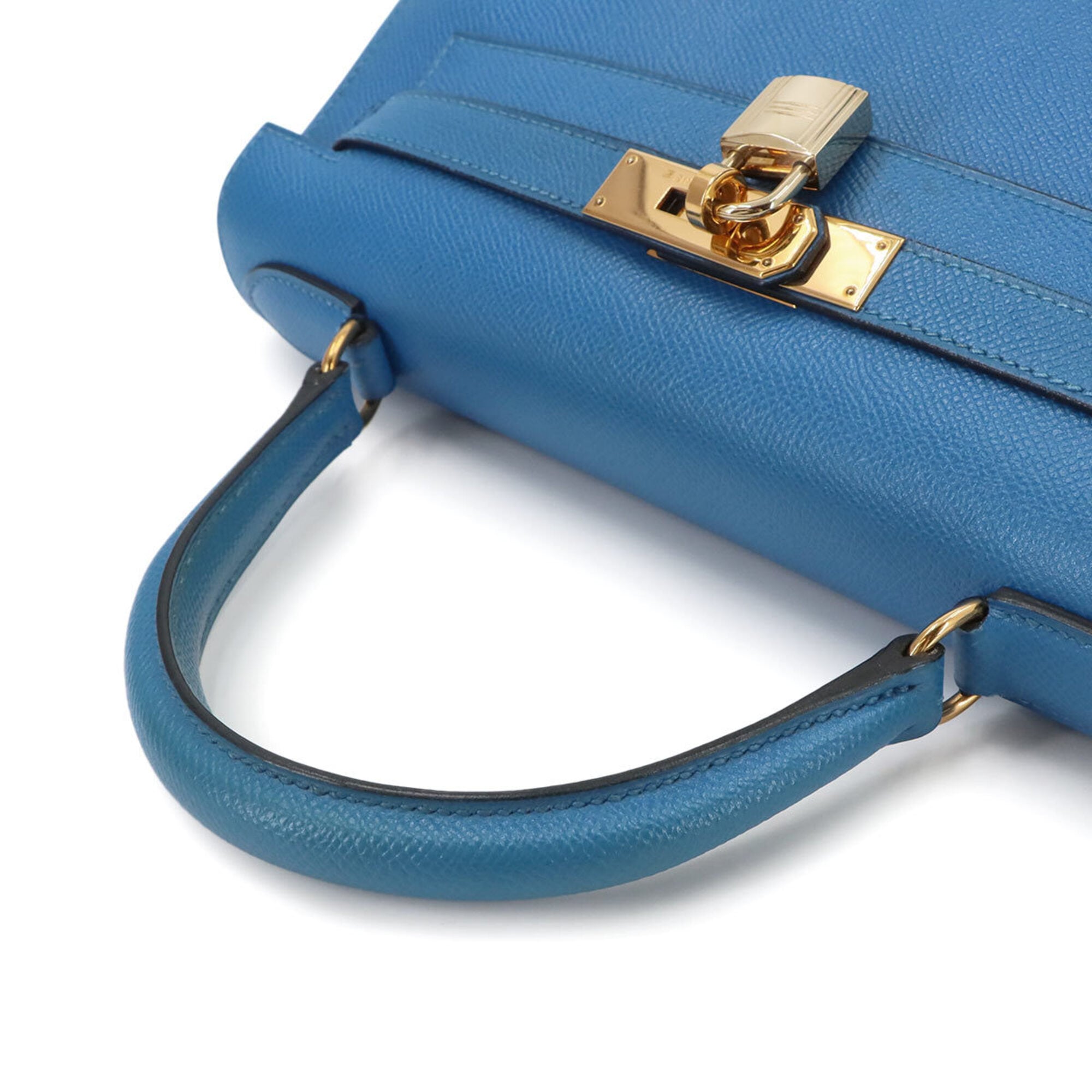 Hermes Kelly 28 2-way Hand/Shoulder Handbag, Courchevel Epsom Leather, Blue France, External Stitching, □A Stamp, Made in 1997, Gold Hardware — Like New
