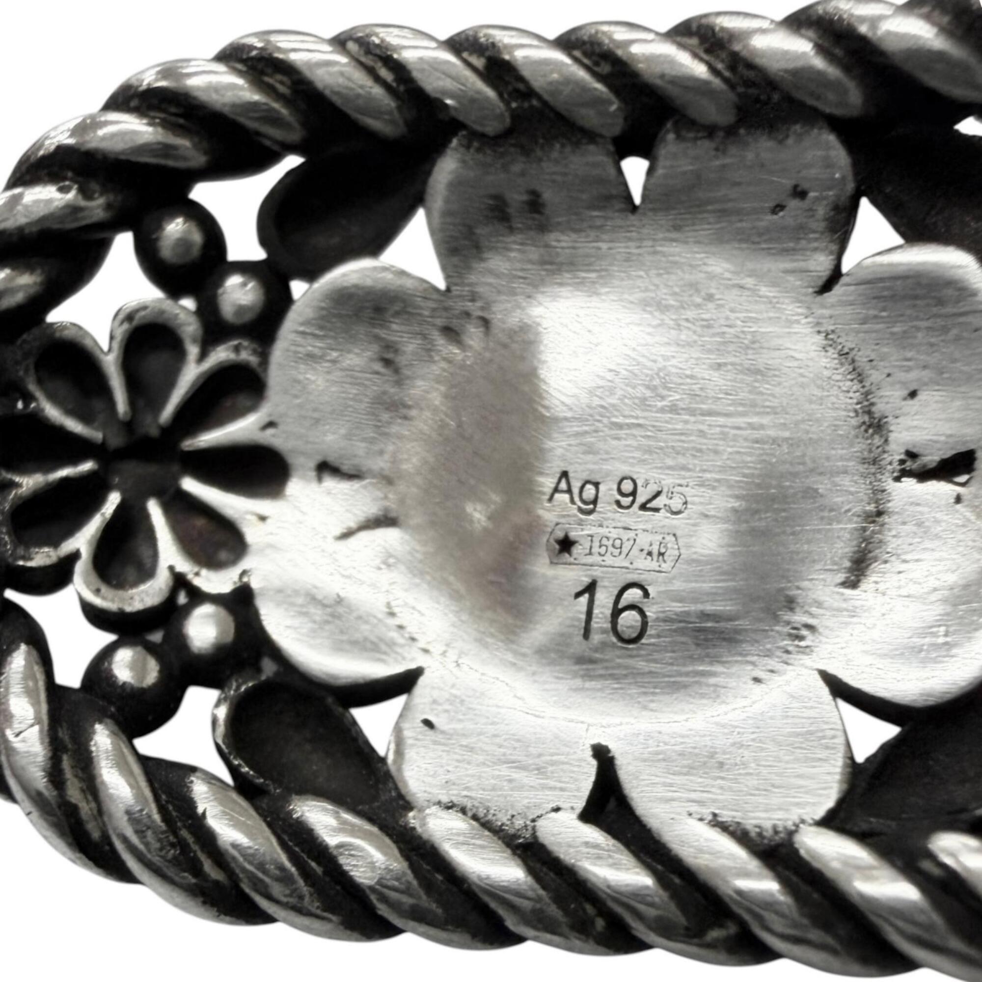 GUCCI AG925 Rhinestone Crystal Floral Interlocking G Bangle Bracelet, Silver Green, Size 16, Made in Italy, Weight 26.2g, Men's — Like New