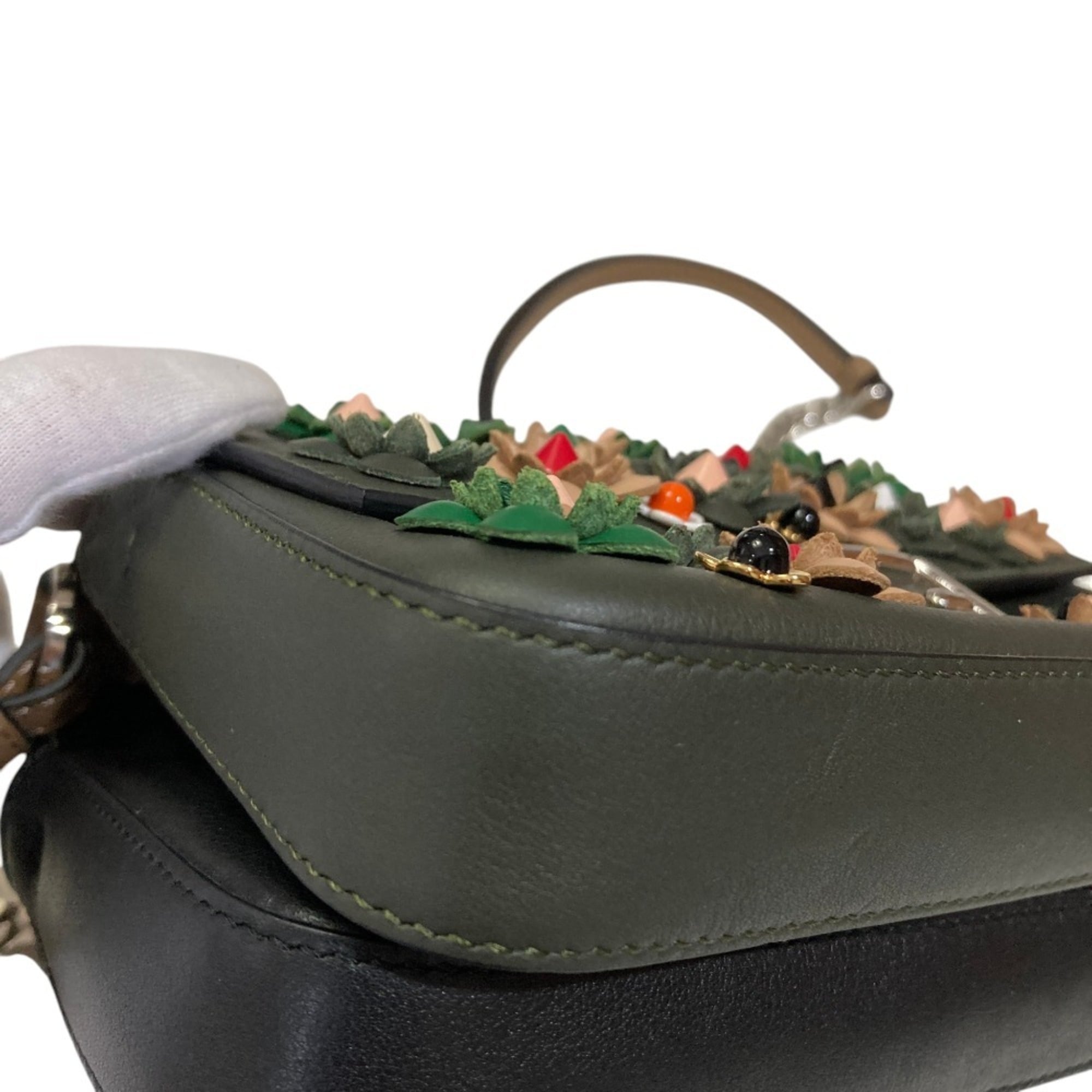 FENDI Fendi Applique Stud Flowerland Micro Double Bucket Chain Shoulder Bag Khaki Women's — Like New