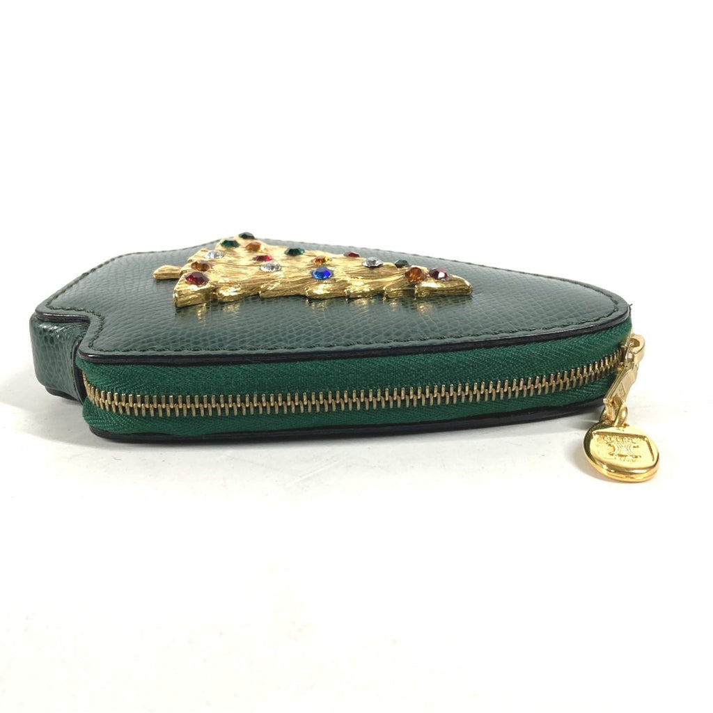 CELINE Rhinestone Tree Coin Purse Wallet Pouch Leather Women's Green