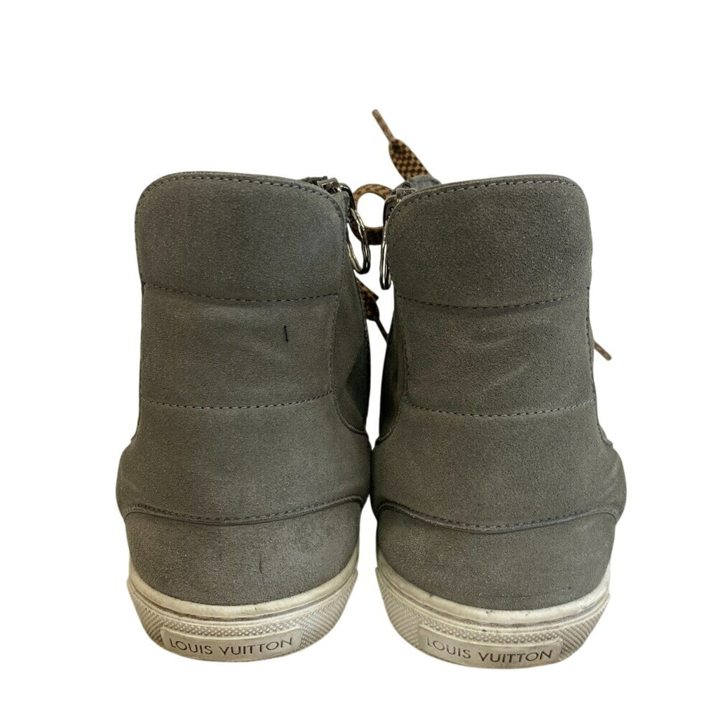LOUIS VUITTON Men's Size 27 Side-Zip High-Top Sneakers with Peace Sign Patch, Gray