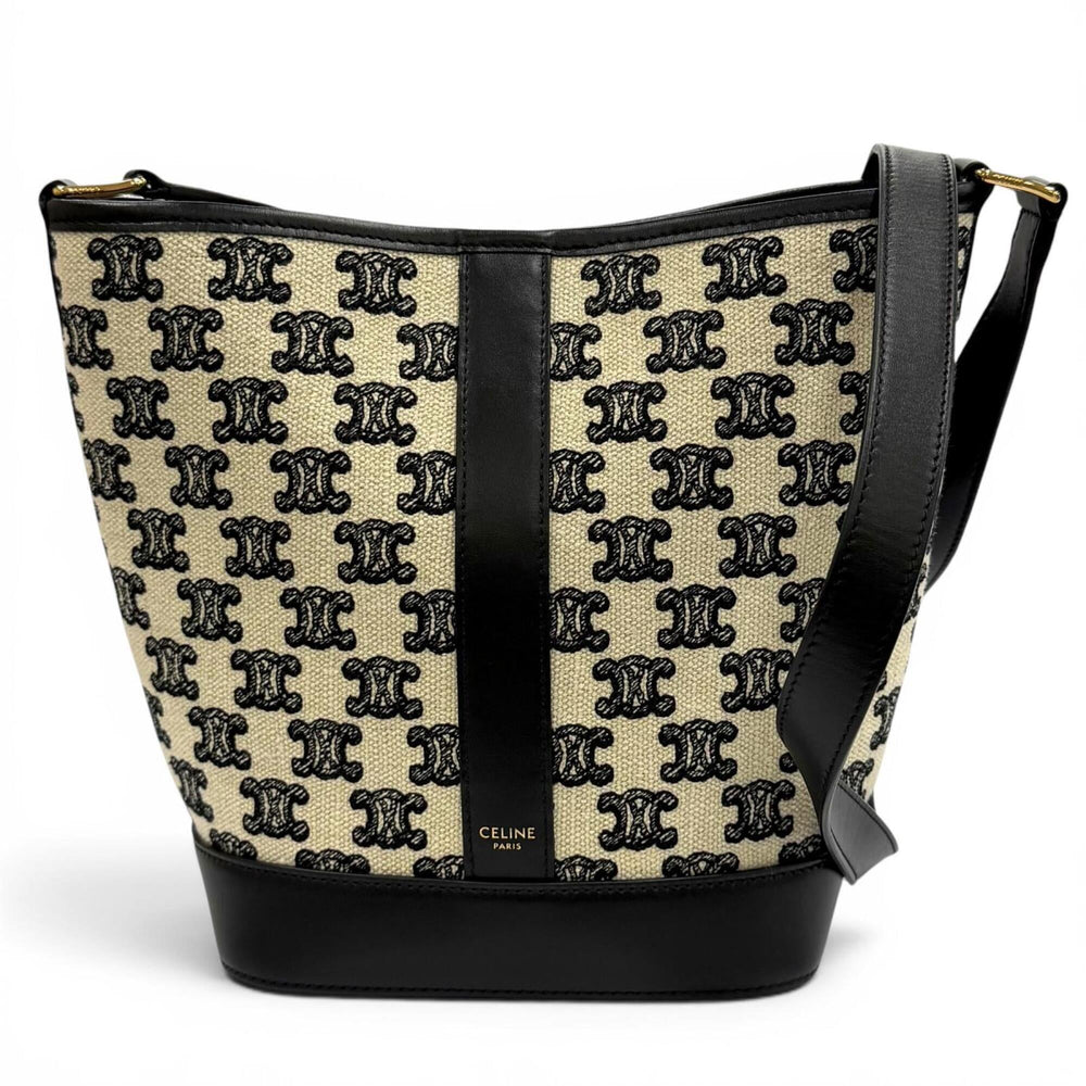 CELINE 19144 Small Bucket Triomphe Canvas & Calfskin Shoulder Bag, Off-White/Black, Made in Italy, Women's — Like New
