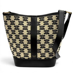 CELINE 19144 Small Bucket Triomphe Canvas & Calfskin Shoulder Bag, Off-White/Black, Made in Italy, Women's — Like New