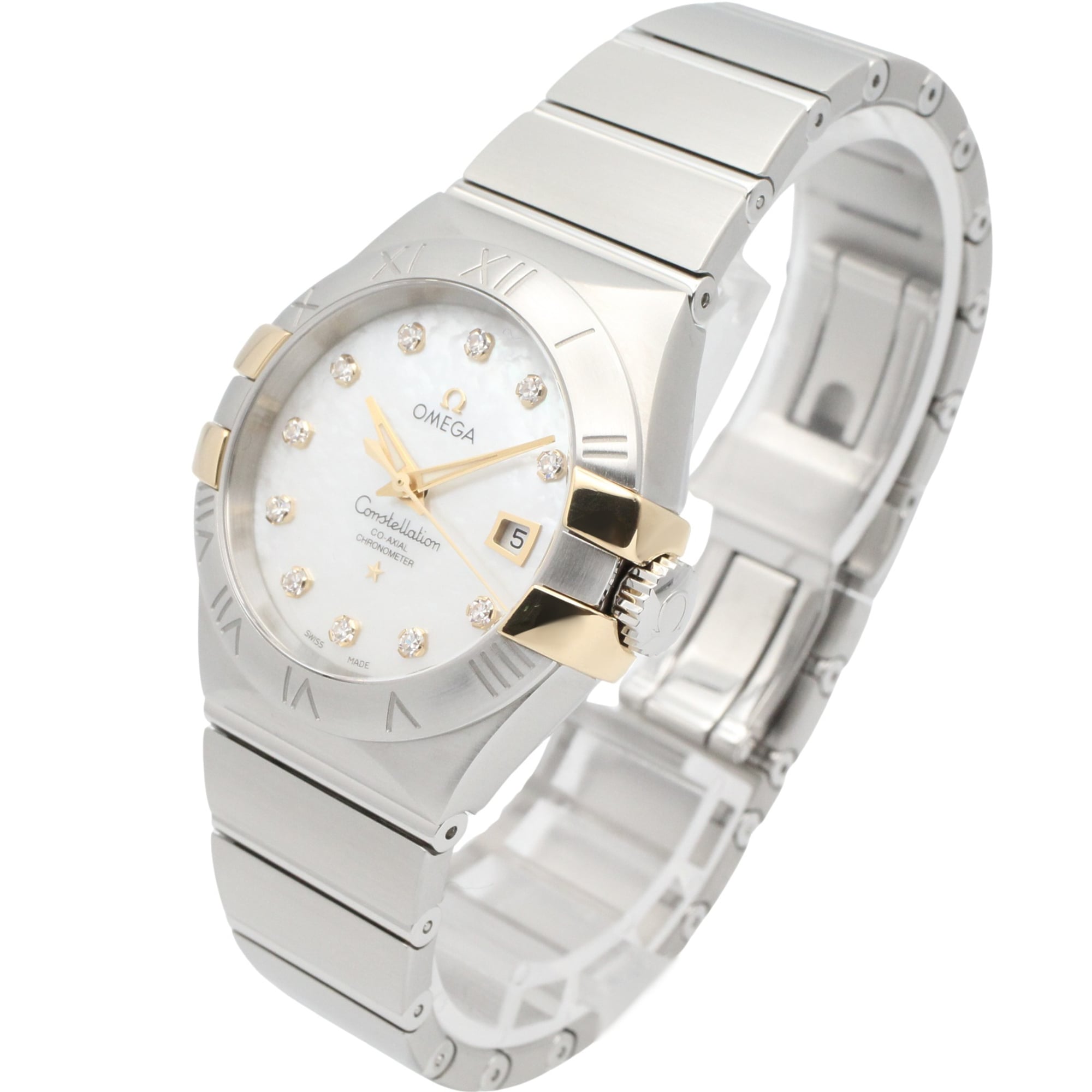 Omega Constellation watch, 18K yellow gold stainless steel, women's, white dial with mother-of-pearl case, model number 123.20.31.20.55.004 — Very Good