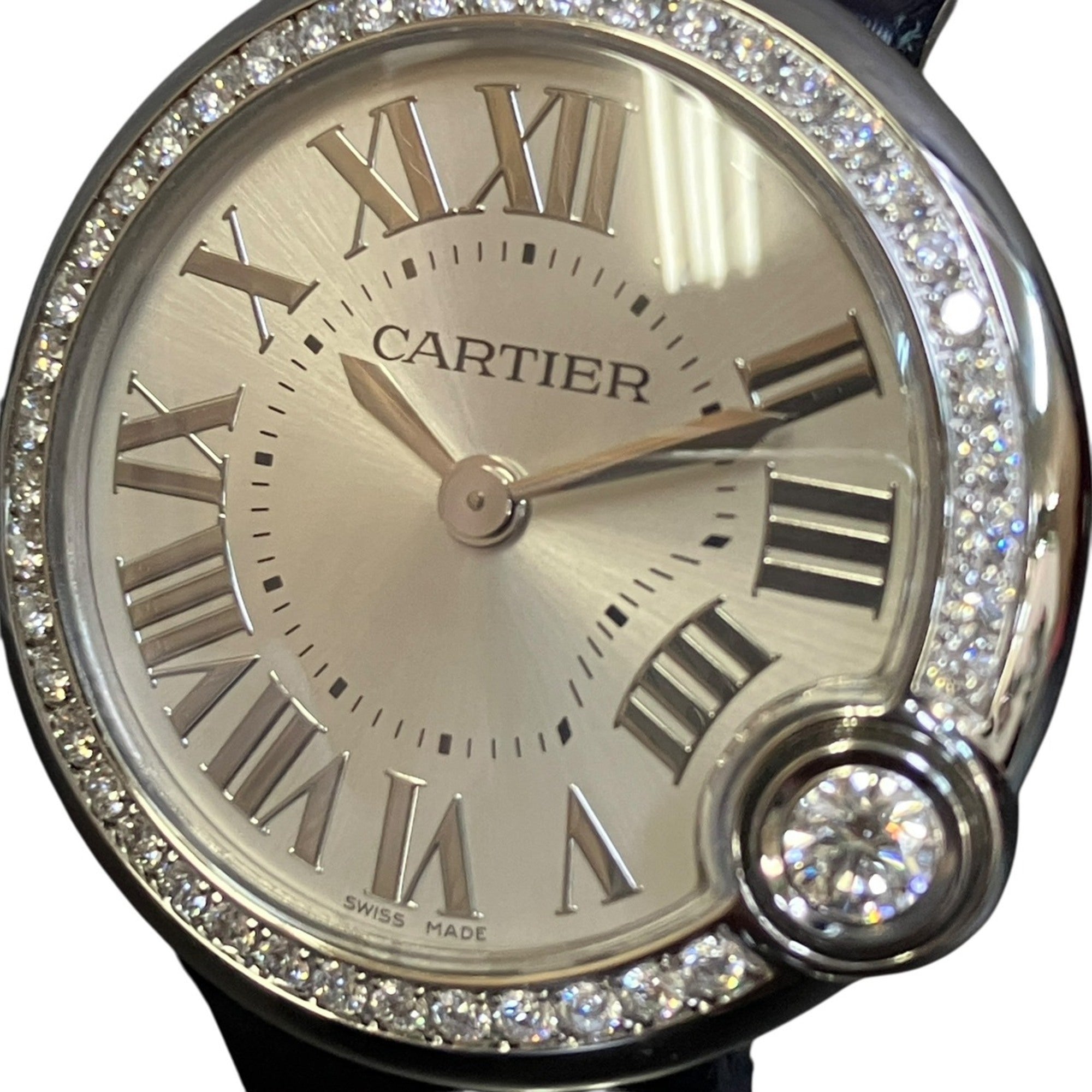 Cartier Ballon Bleu de watch, total weight 27.7g, stainless steel, genuine leather strap, diamonds, quartz movement, silver dial, W4BL0002 — Very Good