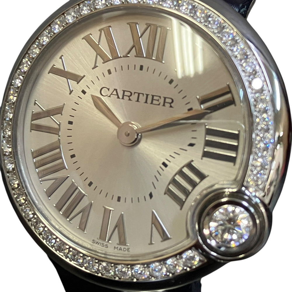 Cartier Ballon Bleu de watch, total weight 27.7g, stainless steel, genuine leather strap, diamonds, quartz movement, silver dial, W4BL0002 — Very Good