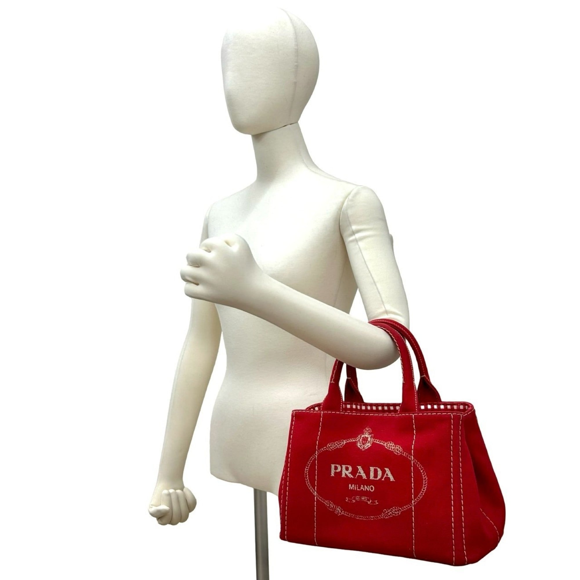 PRADA Canapa Logo Check Canvas 2-Way Handbag, Mini Tote Bag, Shoulder Red 04857